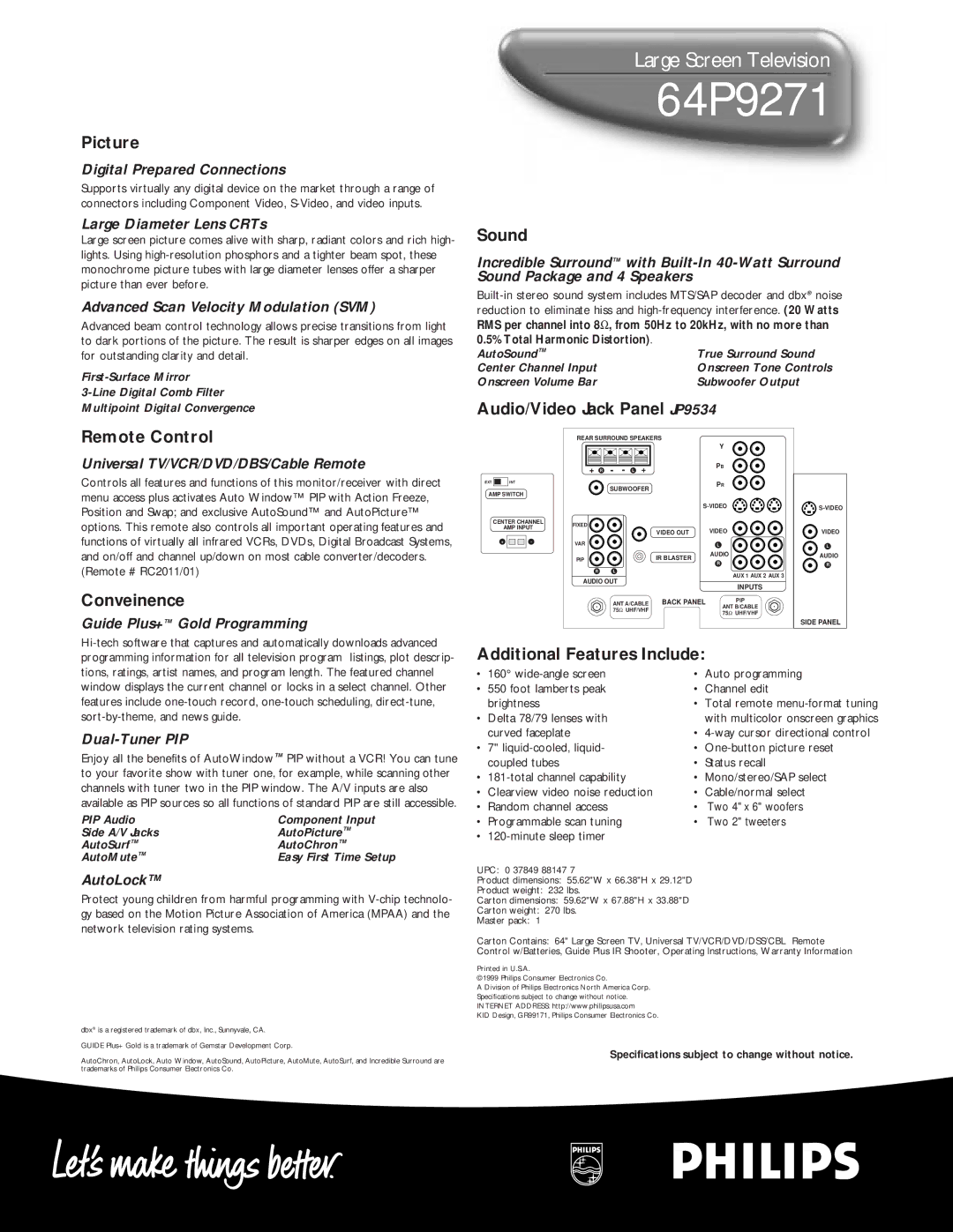 Philips 64P 9271 Picture, Remote Control, Conveinence, Sound, Audio/Video Jack Panel JP9534, Additional Features Include 