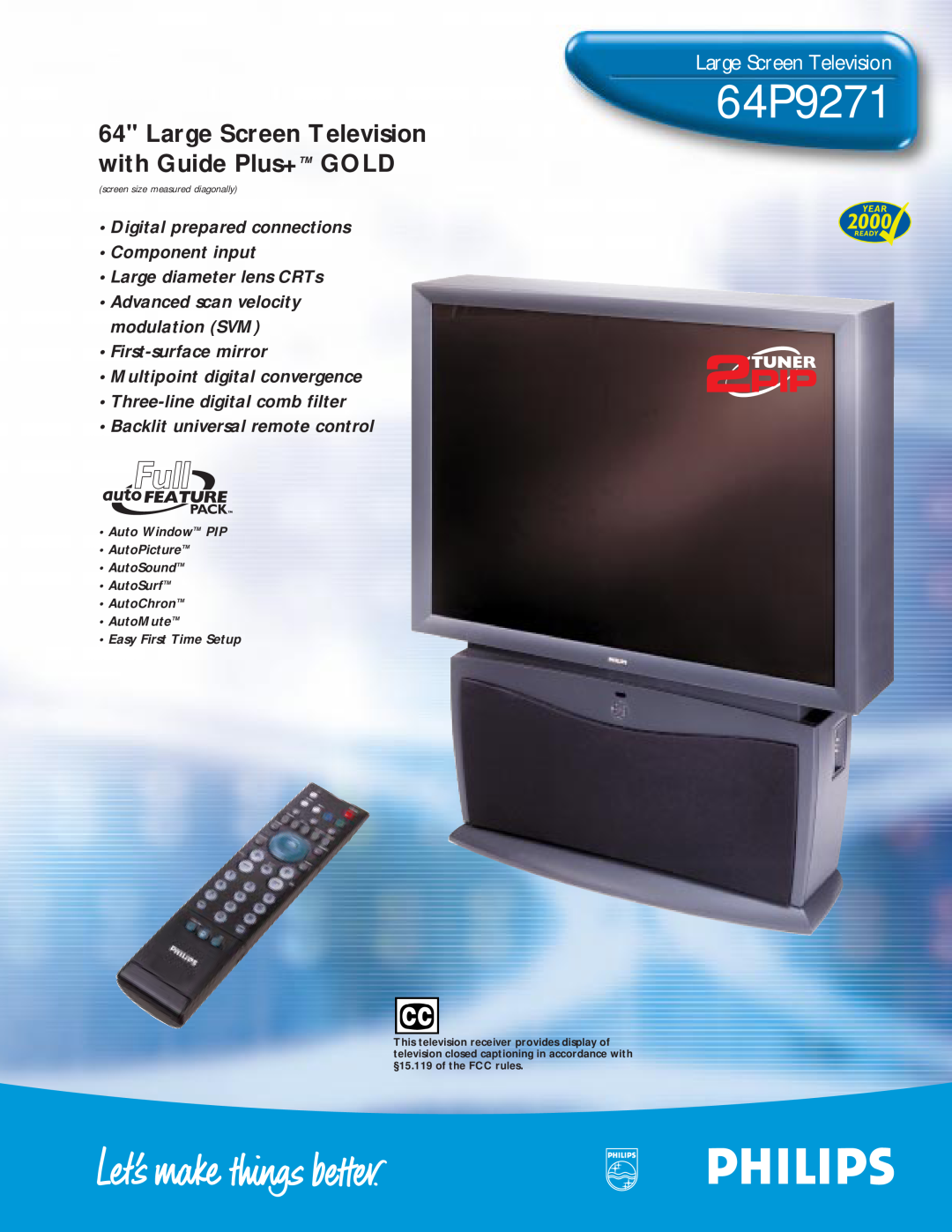 Philips 64P 9271 manual 64P9271, Large Screen Television with Guide Plus+ GOLD, Advanced scan velocity modulation SVM 