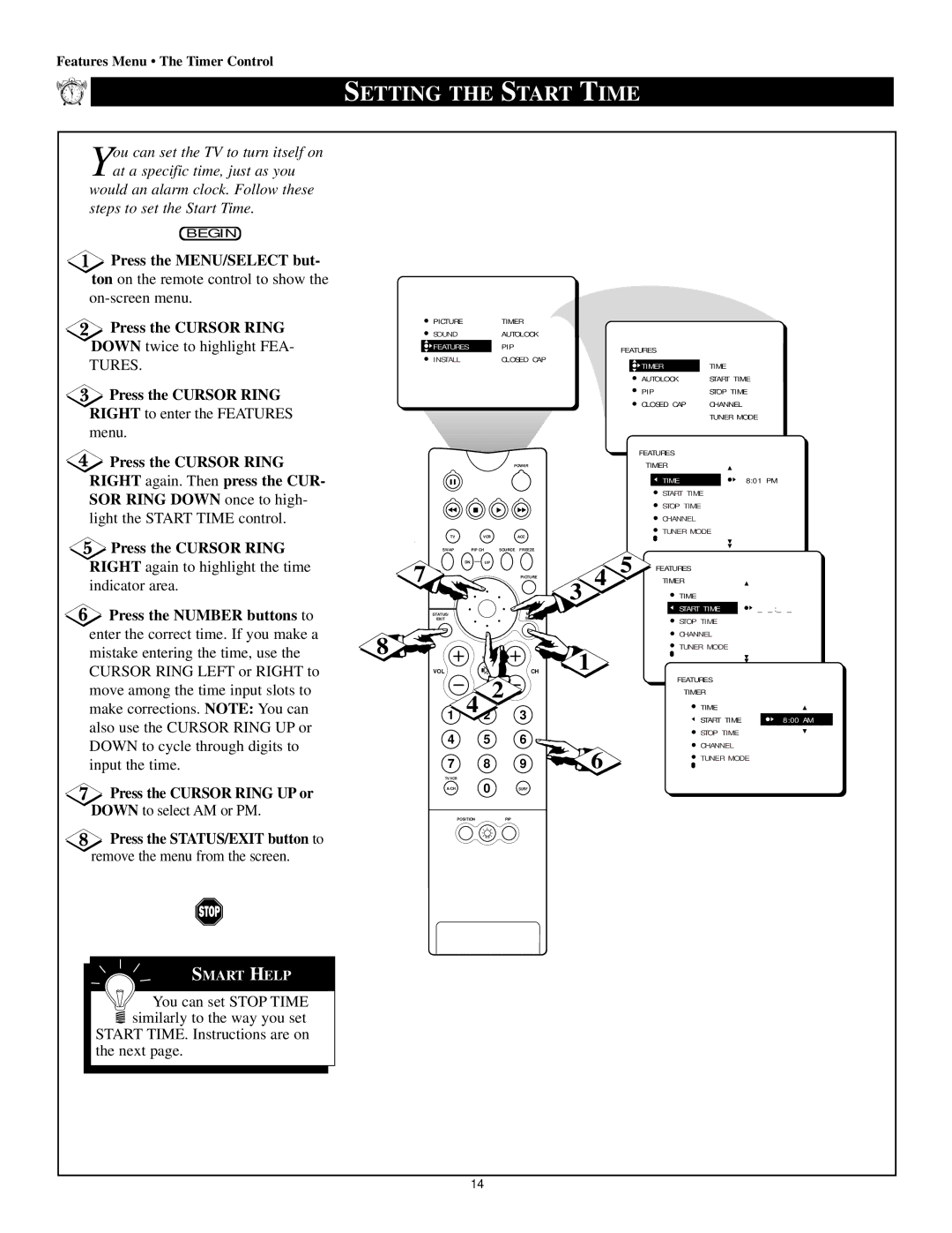 Philips 60P 8341, 64P8341, 64P8342 Setting the Start Time, Down twice to highlight FEA, Right to enter the Features menu 