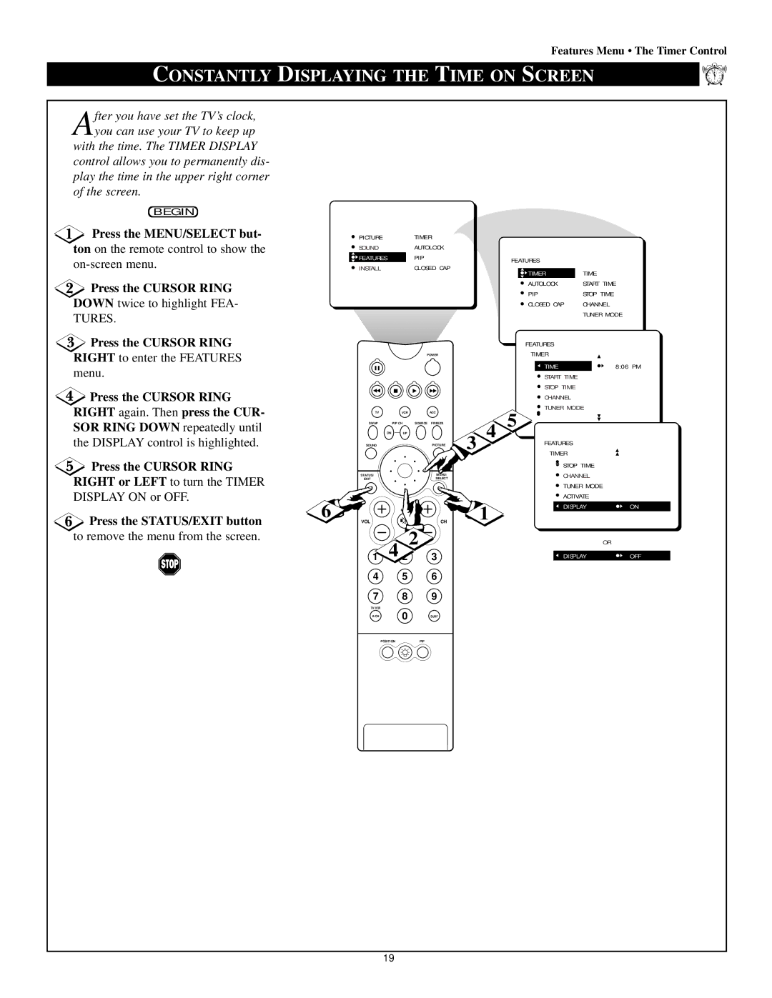 Philips 50P 8341, 64P8341 manual Constantly Displaying the Time on Screen, Right or Left to turn the Timer Display on or OFF 