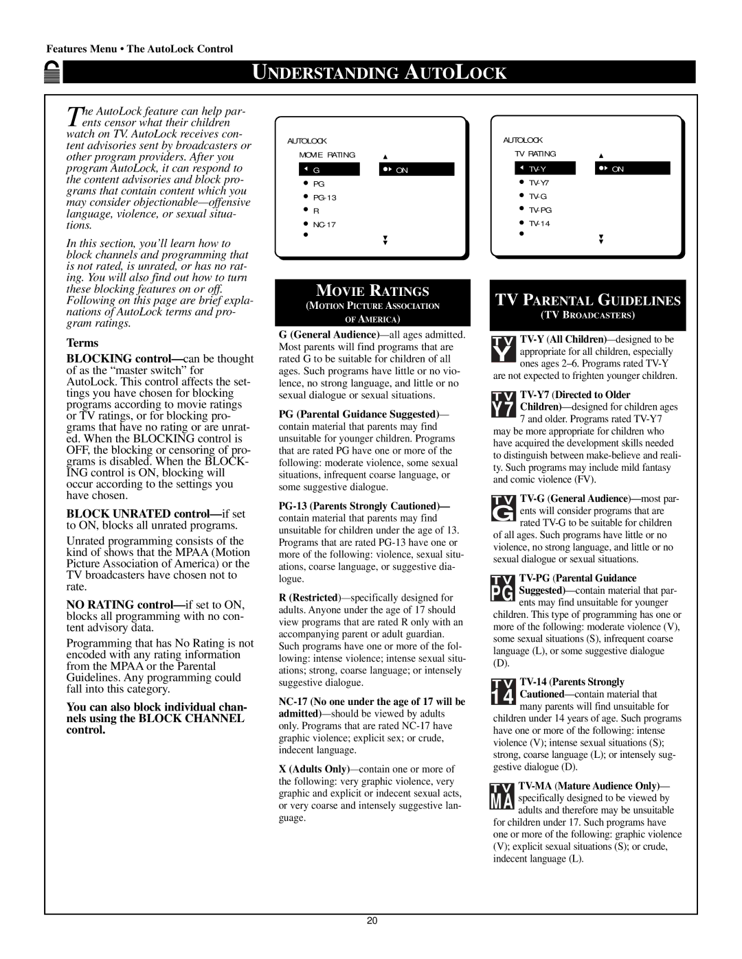 Philips 60P8342, 64P8341, 64P8342, 50P8342, 50P 8341, 55P 8341, 60P 8341, 55P8342 manual Understanding Autolock, Movie Ratings 