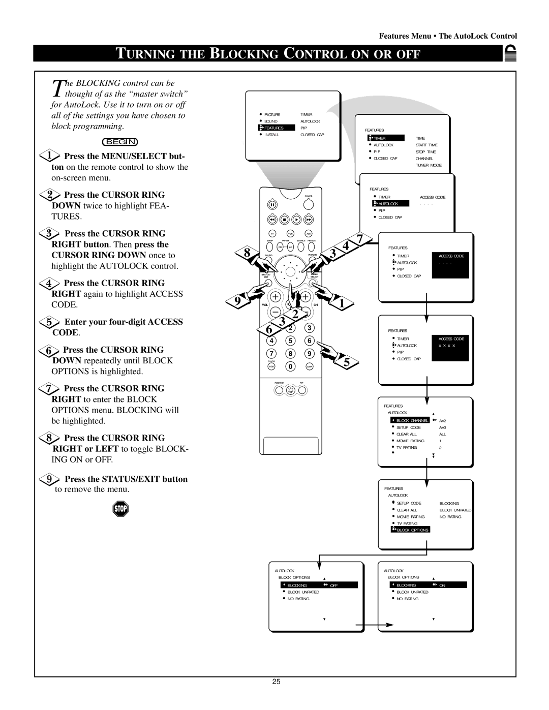 Philips 64P8342, 64P8341 Turning the Blocking Control on or OFF, Enter your four-digit Access Code Press the Cursor Ring 