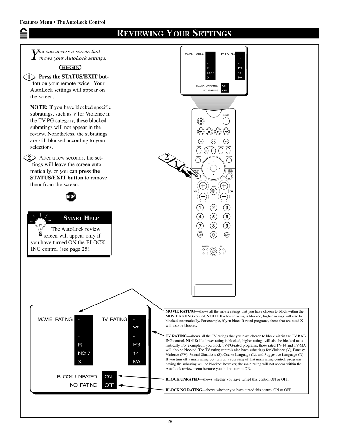 Philips 60P8342 Reviewing Your Settings, Press the STATUS/EXIT but, STATUS/EXIT button to remove, Them from the screen 