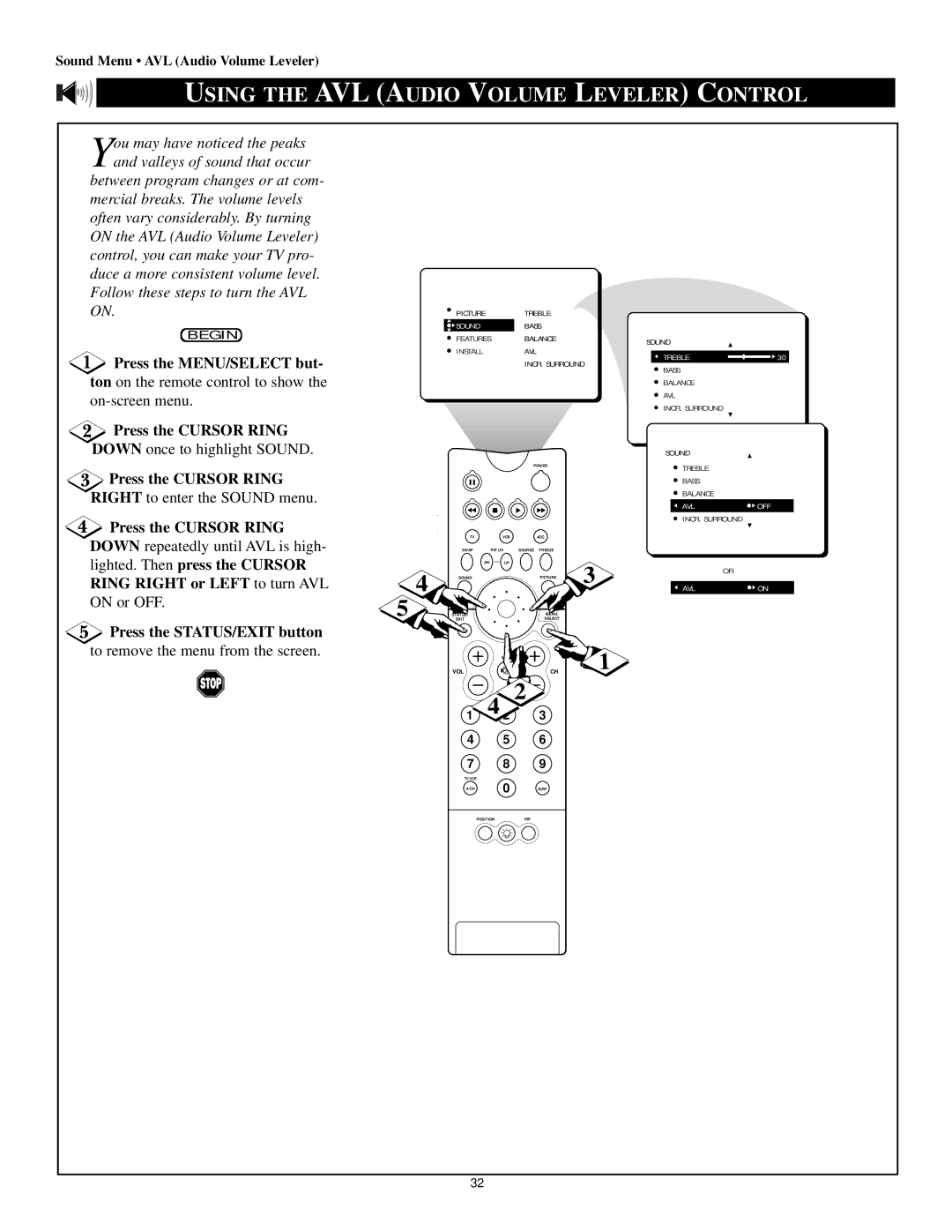 Philips 64P8341, 64P8342, 50P8342 Using the AVL Audio Volume Leveler Control, Down repeatedly until AVL is high, On or OFF 