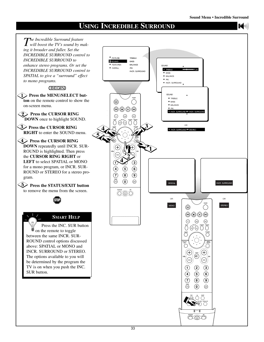 Philips 64P8342, 64P8341, 50P8342, 50P 8341, 60P8342, 55P 8341, 60P 8341, 55P8342 manual Using Incredible Surround, Mono 