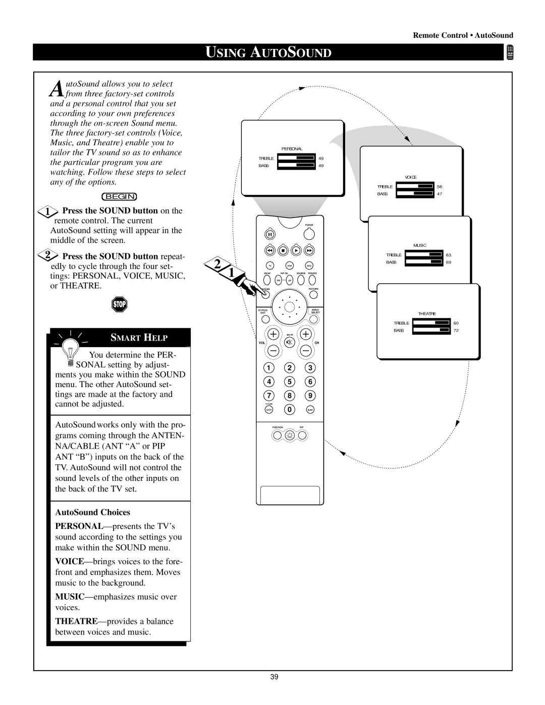 Philips 55P8342, 64P8341 Using Autosound, Press the Sound button on the remote control. The current, AutoSound Choices 