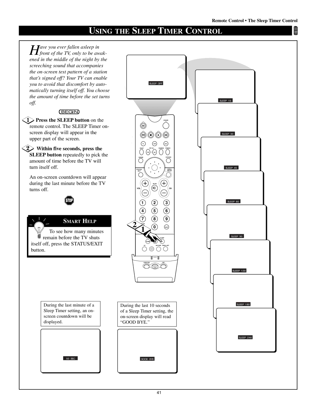 Philips 64P8342, 64P8341, 50P8342, 50P 8341, 60P8342, 55P 8341, 60P 8341, 55P8342 manual Using the Sleep Timer Control, Sleep OFF 