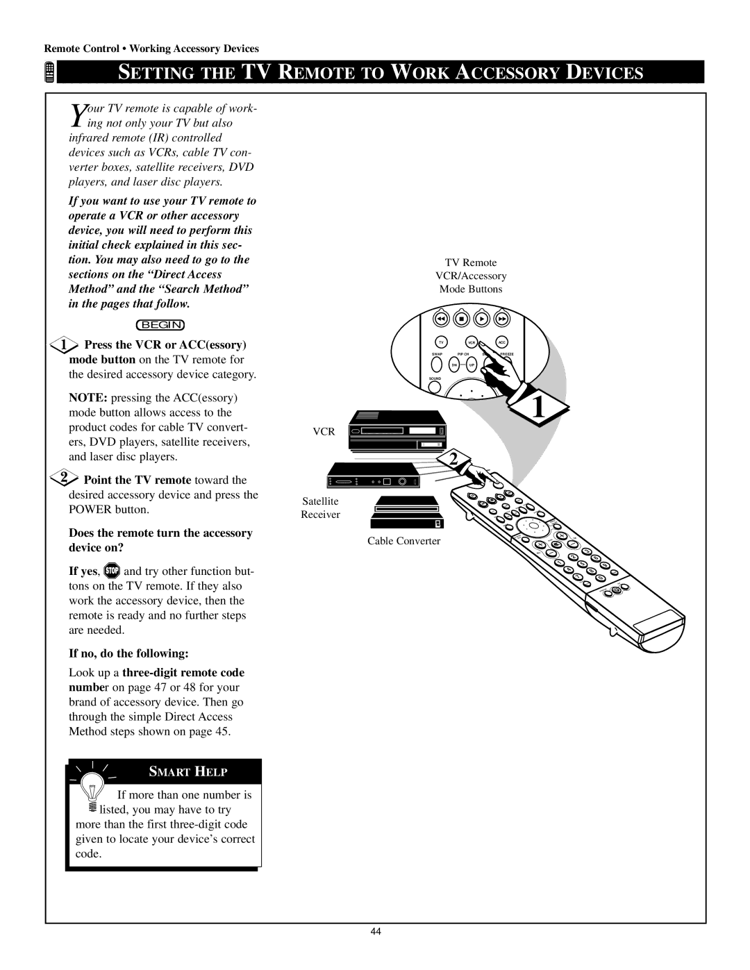 Philips 60P8342 manual Setting the TV Remote to Work Accessory Devices, Desired accessory device and press the Power button 