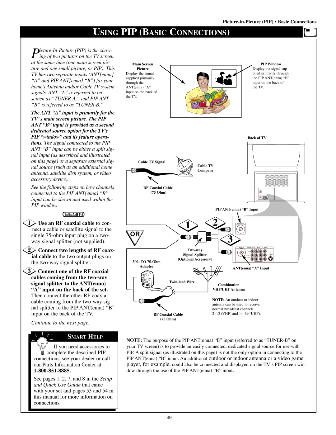 Philips 64P8342, 64P8341, 50P8342 Using PIP Basic Connections, Cable TV Signal Company RF Coaxial Cable 75 Ohm PIP Window 