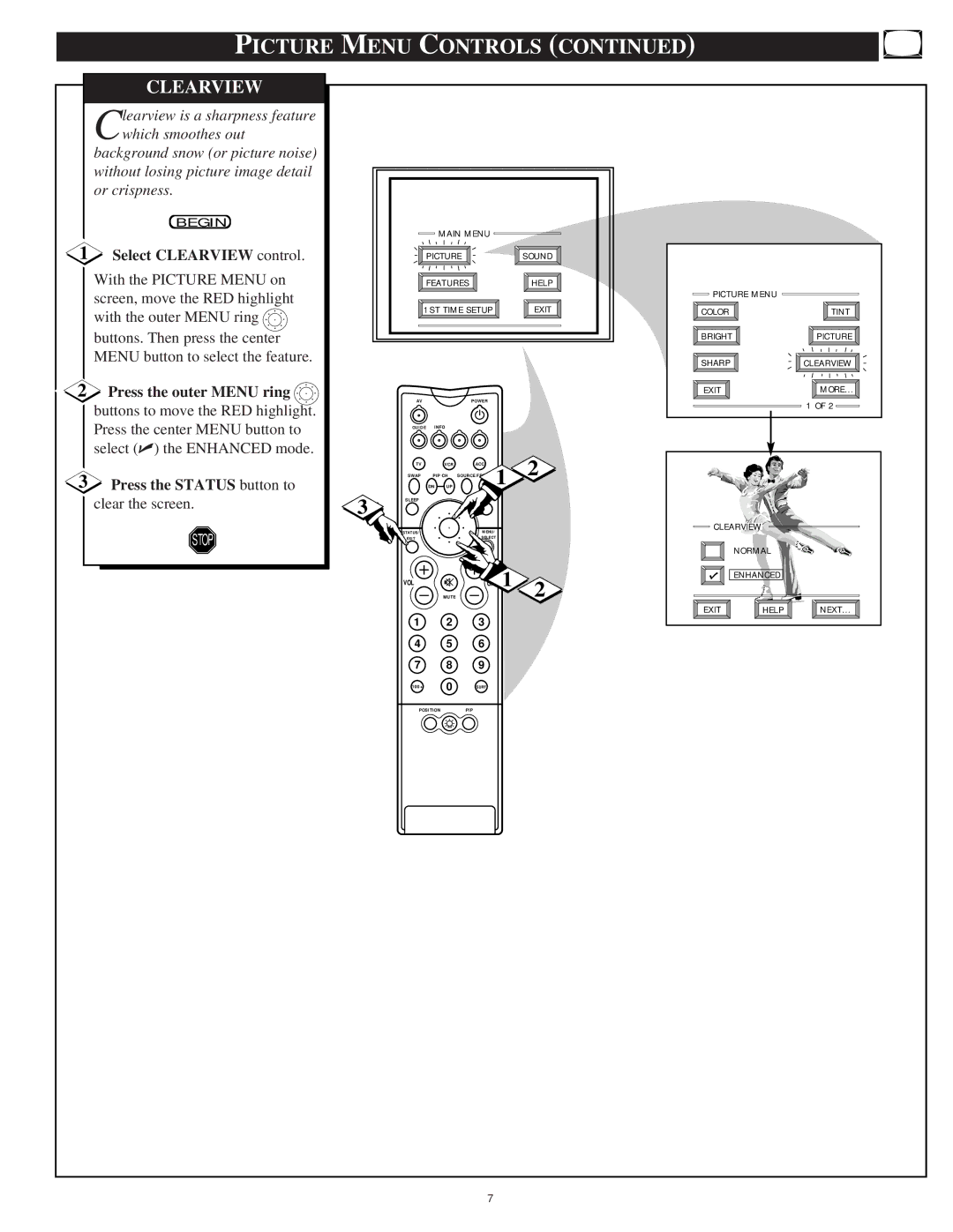 Philips 55P916 Picture Menu Controls, Select Clearview control, Press the outer Menu ring, Press the Status button to 