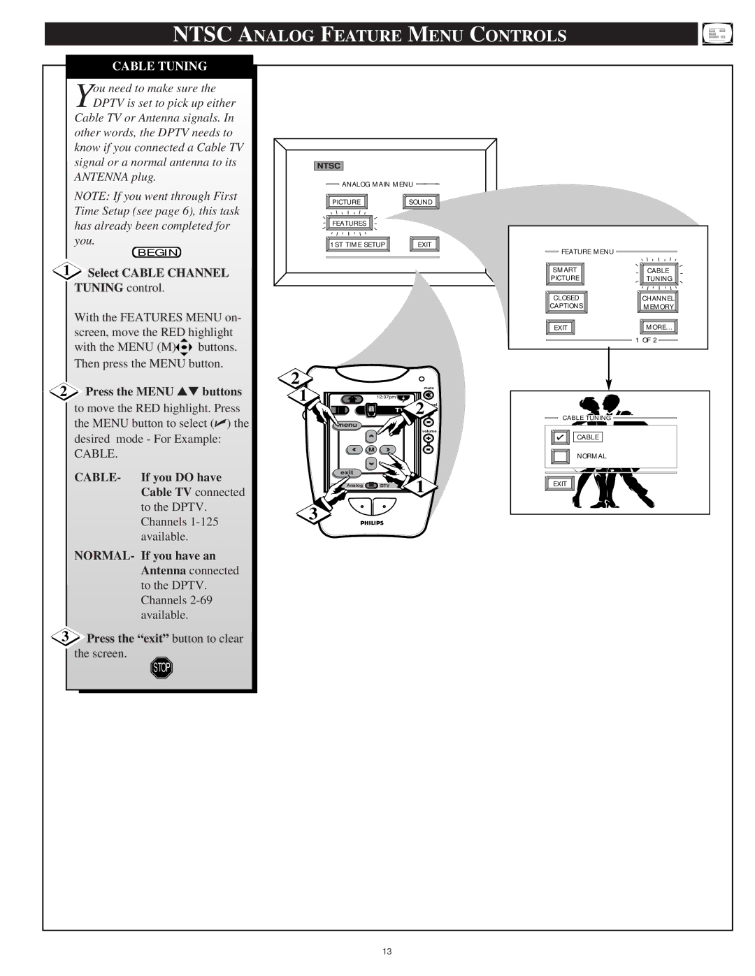 Philips 64PH9901 Cable Tuning, Select Cable Channel, CABLE- If you do have, Cable TV connected, NORMAL- If you have an 