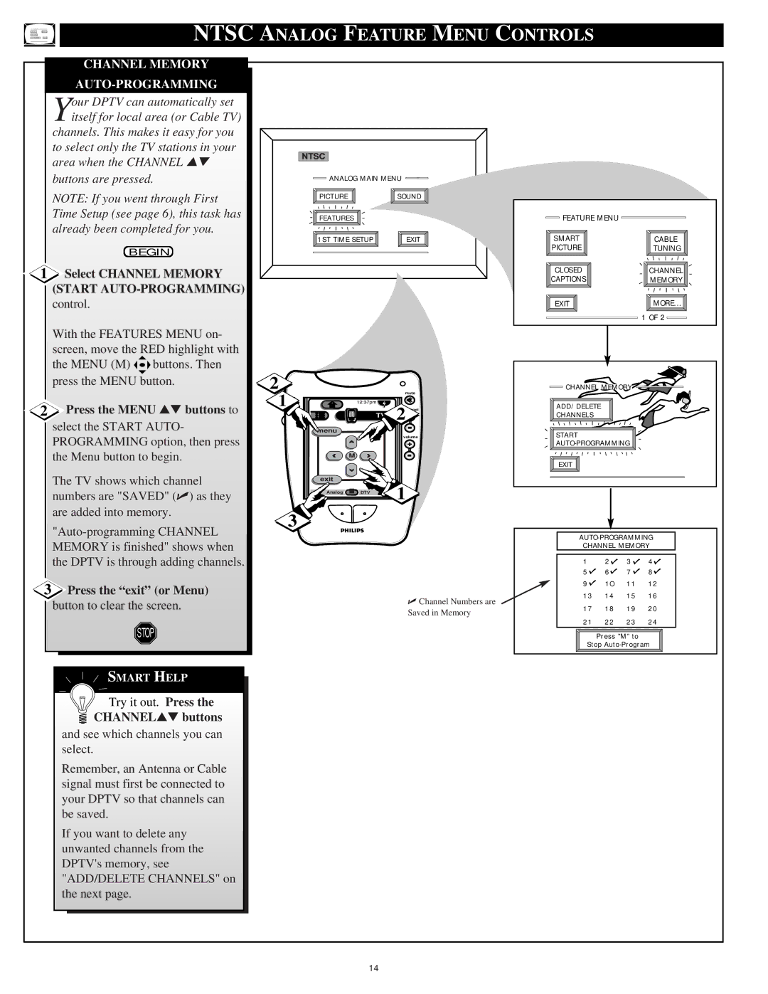 Philips 64PH9901 manual Channel Memory AUTO-PROGRAMMING, Select Channel Memory, Press the exit or Menu, Channel buttons 