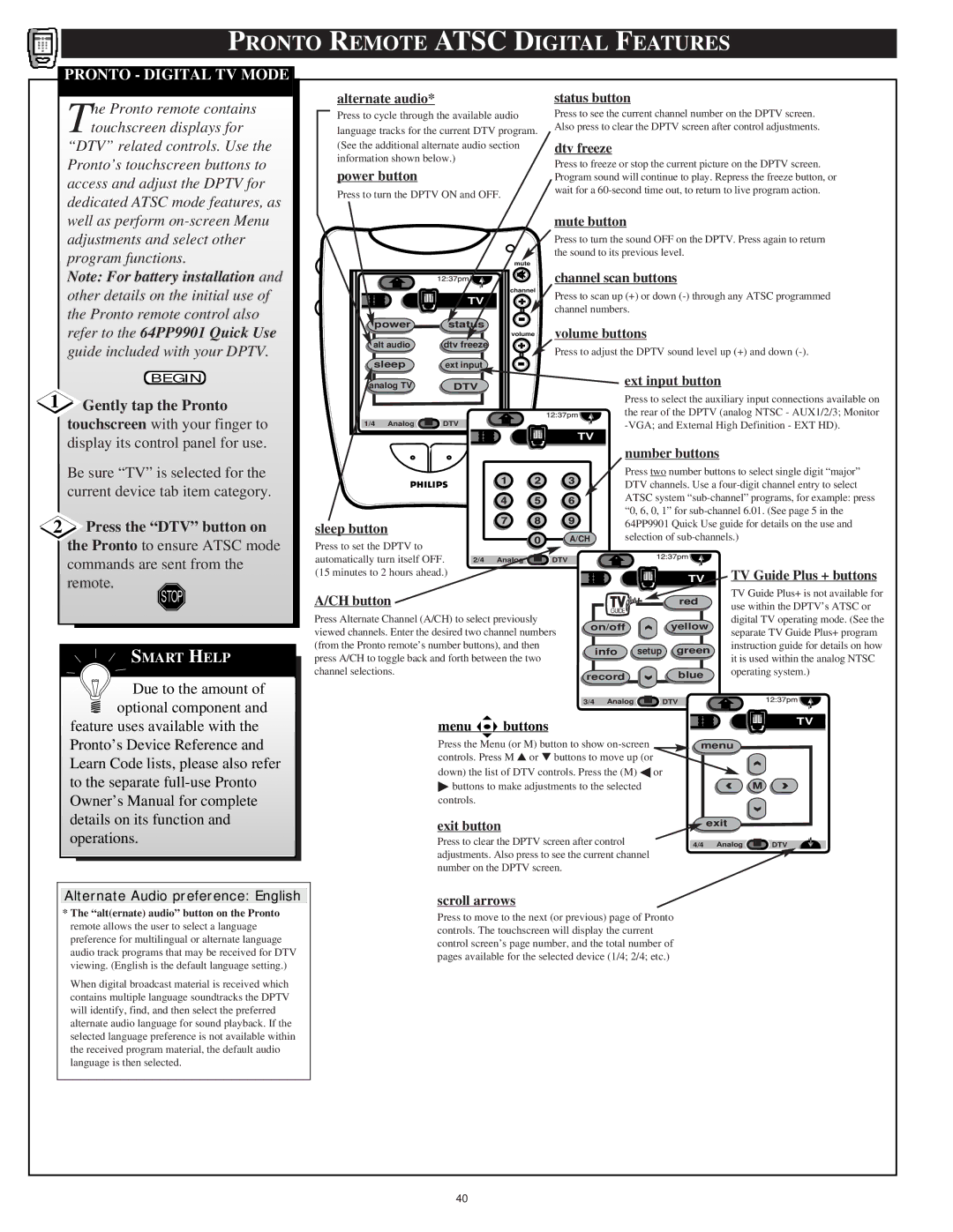 Philips 64PH9901 manual Pronto Remote Atsc Digital Features, Pronto Digital TV Mode 