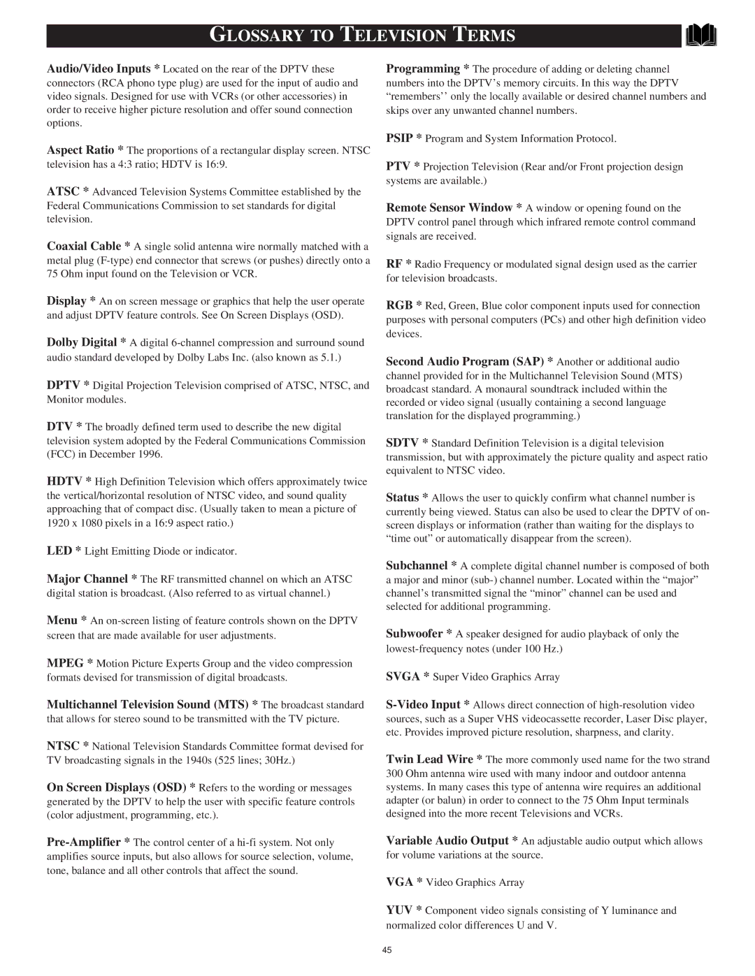 Philips 64PH9901 manual Glossary to Television Terms 