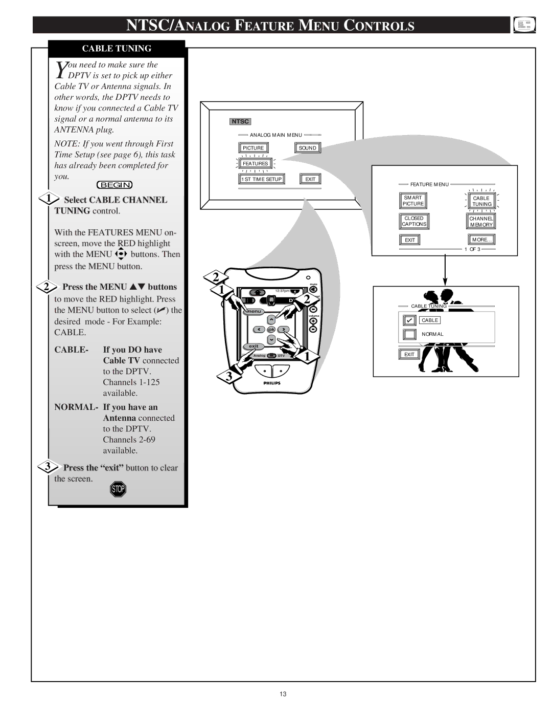 Philips 64PH9905 manual Cable Tuning, Select Cable Channel Tuning control, CABLE- If you do have Cable TV connected 