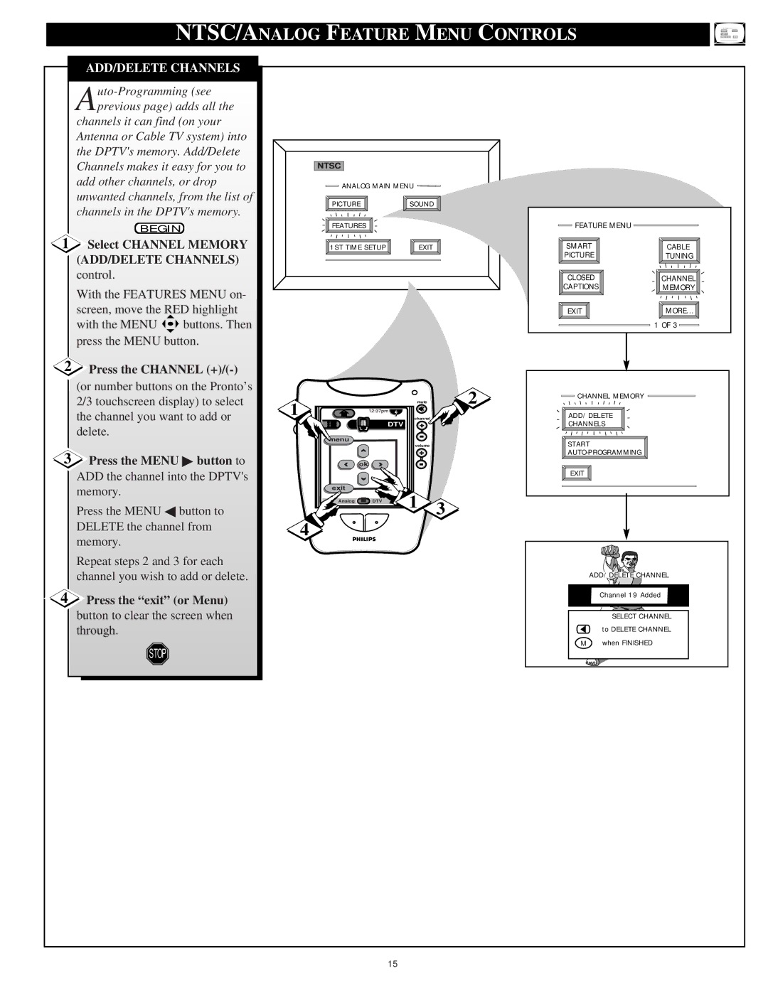 Philips 64PH9905 manual ADD/DELETE Channels, Select Channel Memory, Press the Channel +, Press the Menu button to 