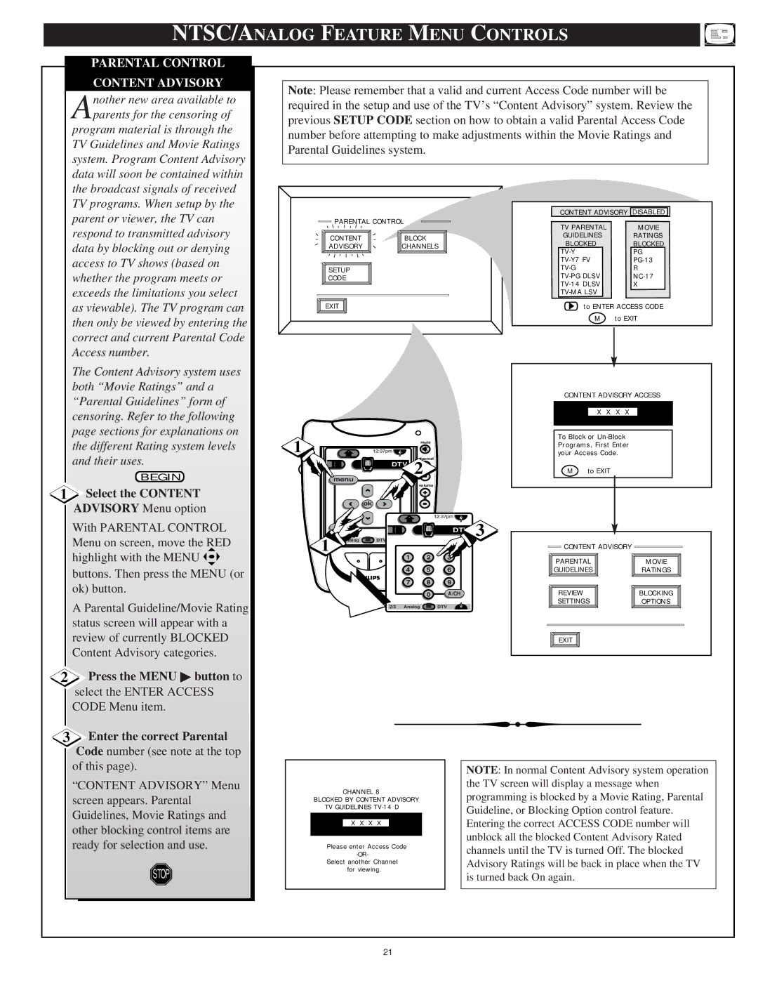 Philips 64PH9905 manual Content Advisory, Select the Content, Enter the correct Parental 