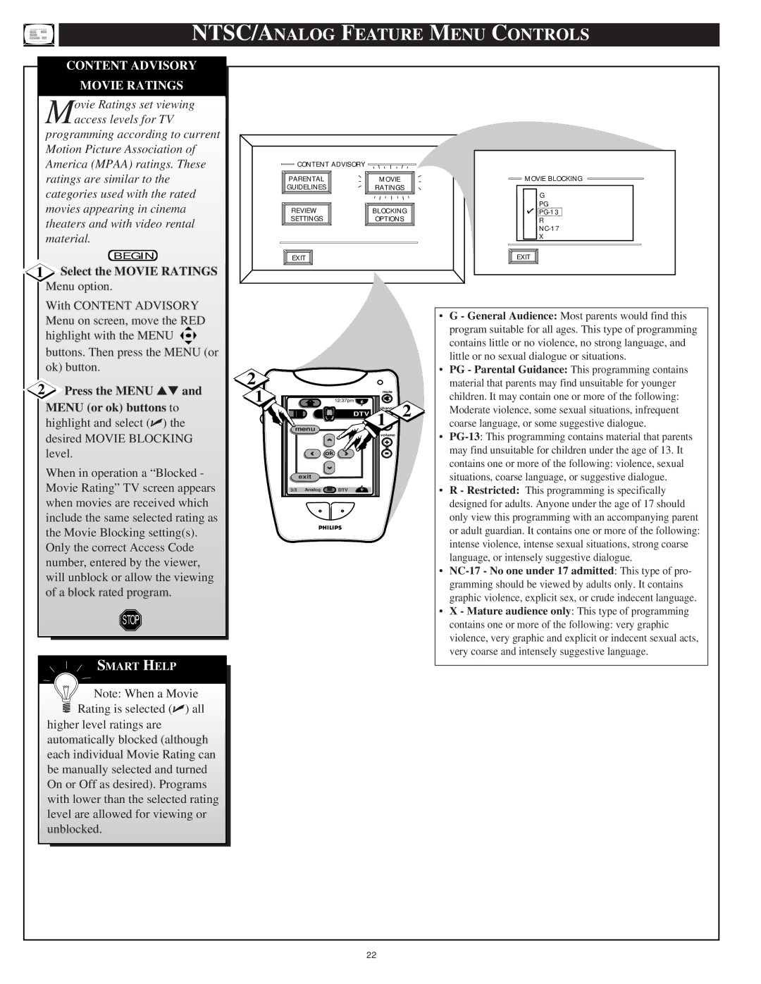 Philips 64PH9905 manual Content Advisory Movie Ratings, Movie Ratings set viewing, Select the Movie Ratings Menu option 