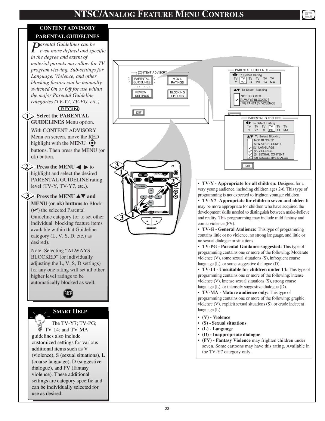 Philips 64PH9905 manual Content Advisory Parental Guidelines, Categories TV-Y7, TV-PG, etc 