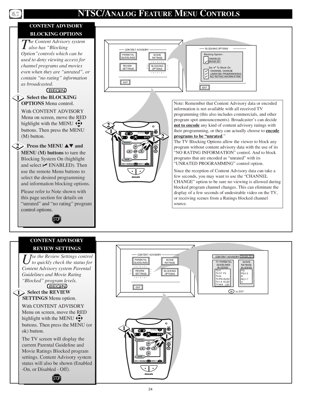 Philips 64PH9905 manual Content Advisory Blocking Options, Select the Blocking Options Menu control, Review Settings 