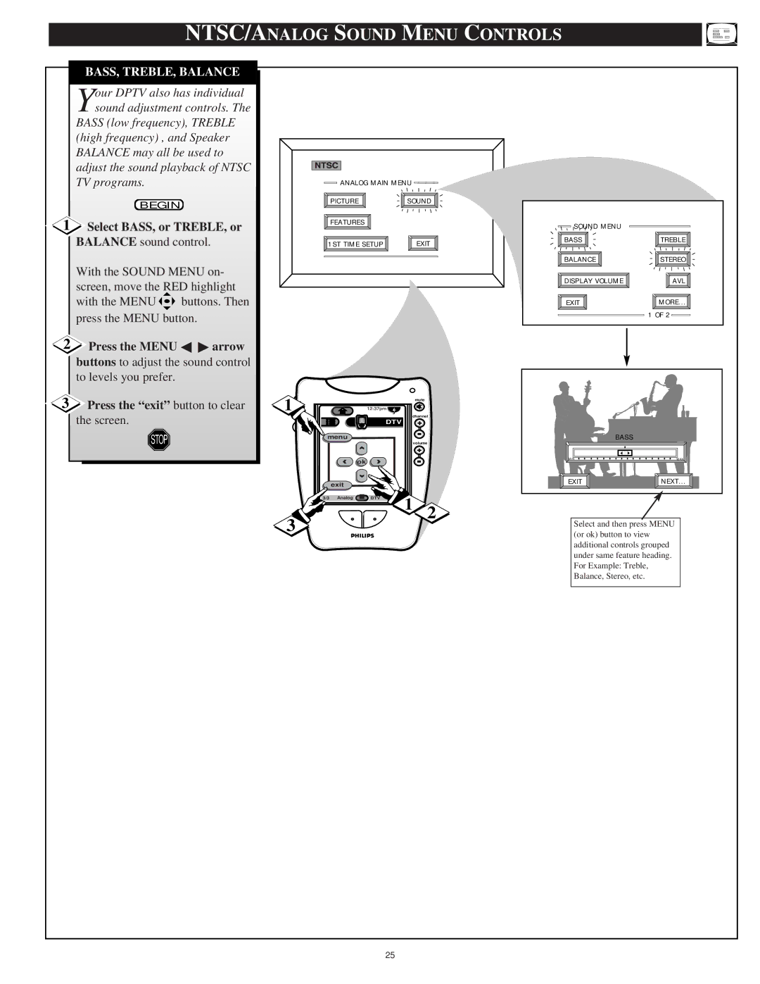 Philips 64PH9905 NTSC/ANALOG Sound Menu Controls, BASS, TREBLE, Balance, Select BASS, or TREBLE, or, Press the Menu arrow 