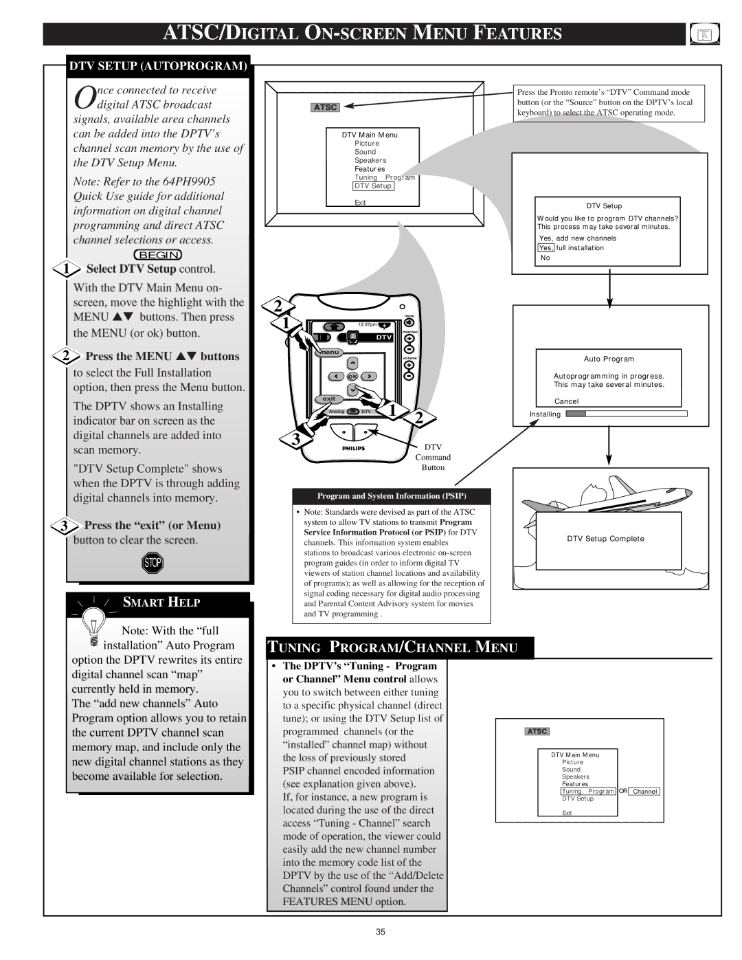 Philips 64PH9905 manual ATSC/DIGITAL ON-SCREEN Menu Features, DTV Setup Autoprogram, Select DTV Setup control 