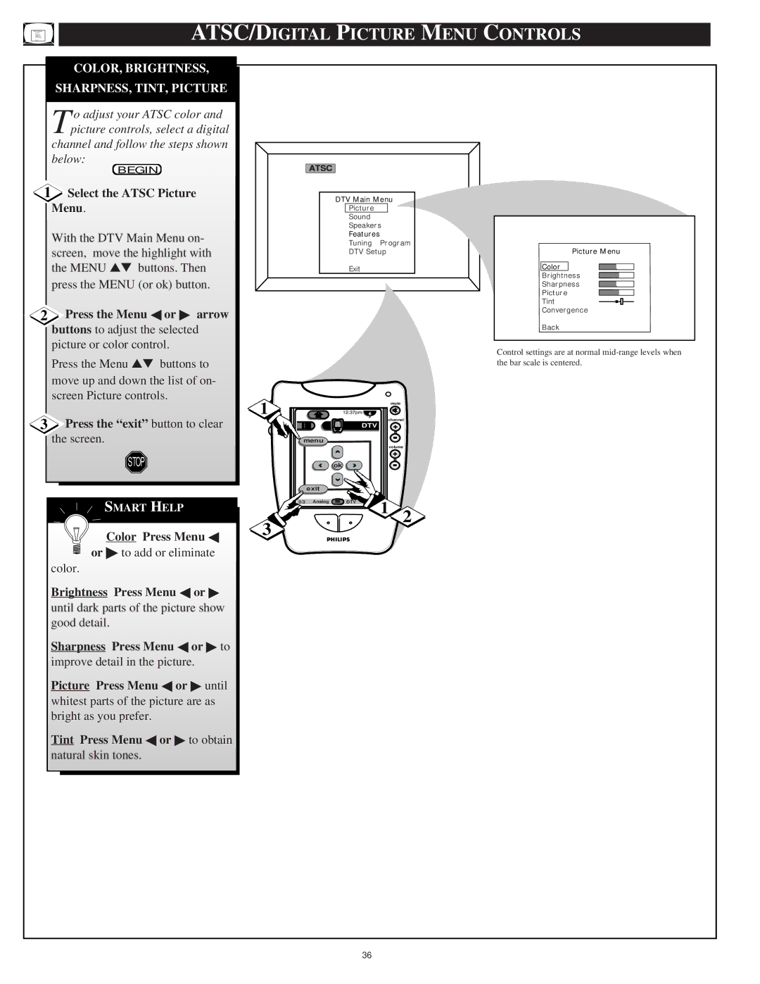 Philips 64PH9905 manual ATSC/DIGITAL Picture Menu Controls 