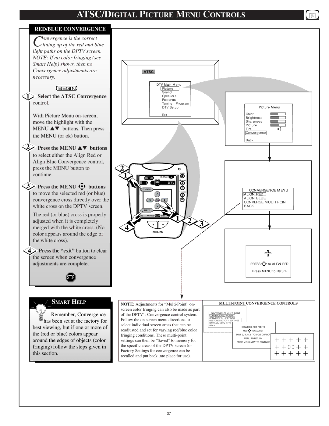 Philips 64PH9905 manual RED/BLUE Convergence, Select the Atsc Convergence control 