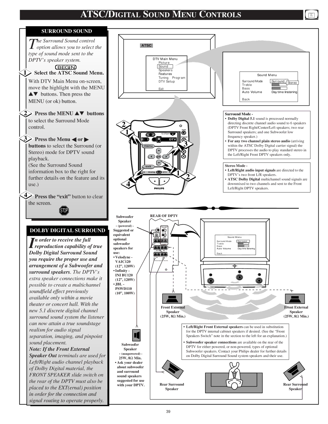 Philips 64PH9905 manual ATSC/DIGITAL Sound Menu Controls, Surround Sound, Dolby Digital Surround 
