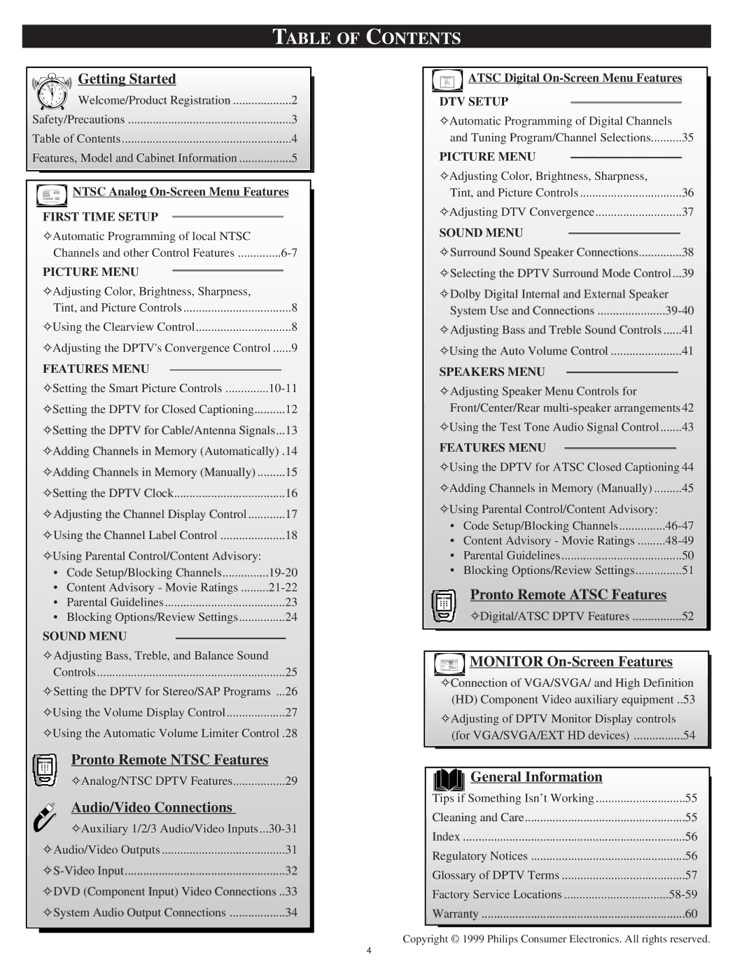 Philips 64PH9905 manual Table of Contents 