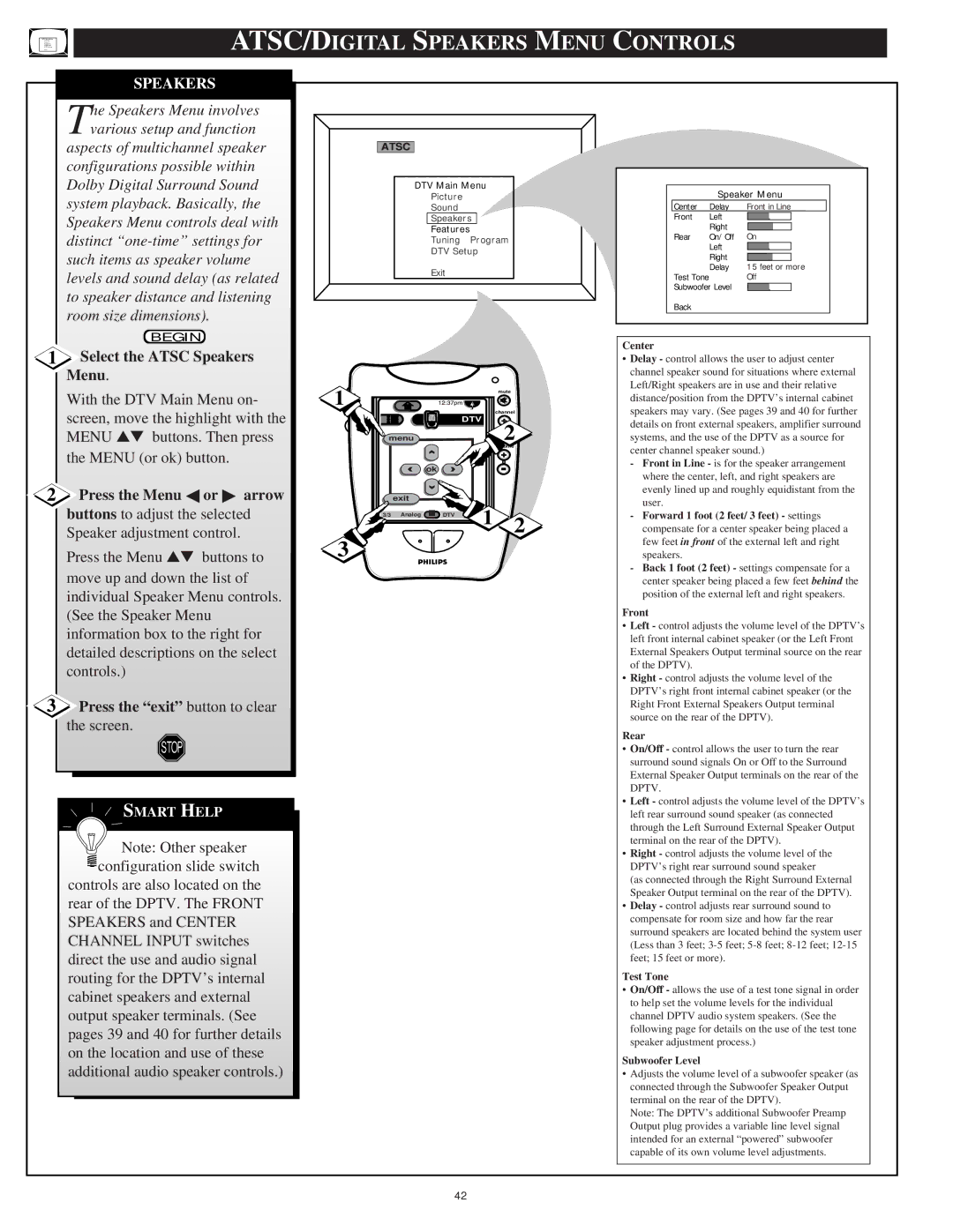 Philips 64PH9905 manual ATSC/DIGITAL Speakers Menu Controls, Select the Atsc Speakers 