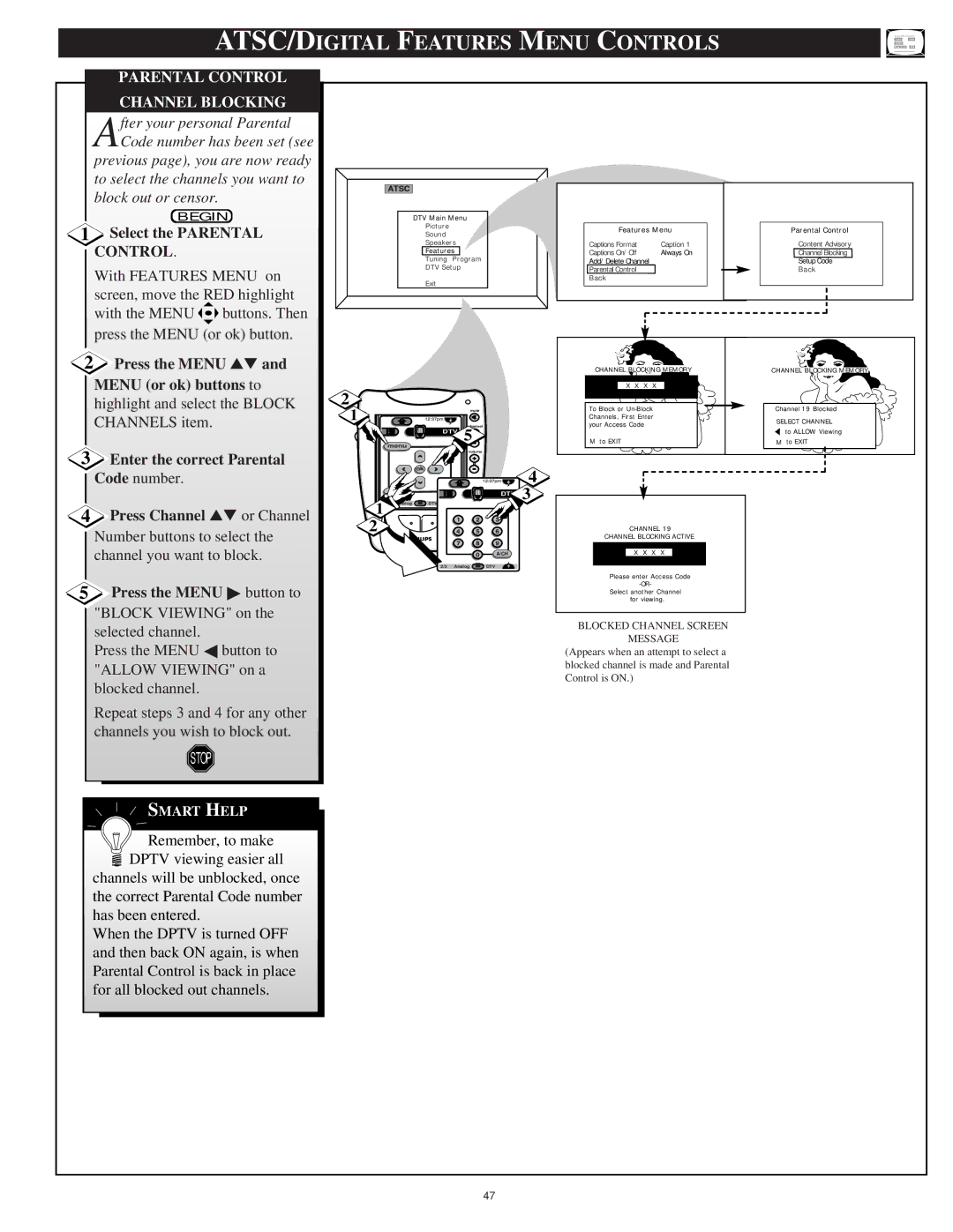 Philips 64PH9905 manual Channel 19 Blocked Select Channel to Allow Viewing M to Exit 