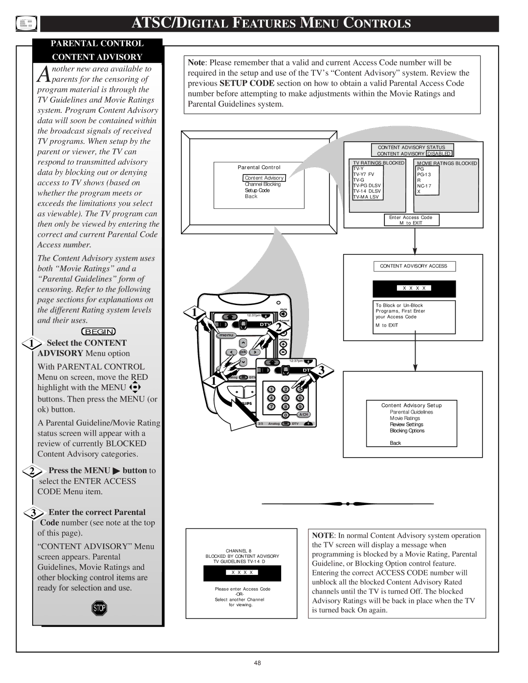 Philips 64PH9905 manual System. Program Content Advisory, Press the Menu button to 