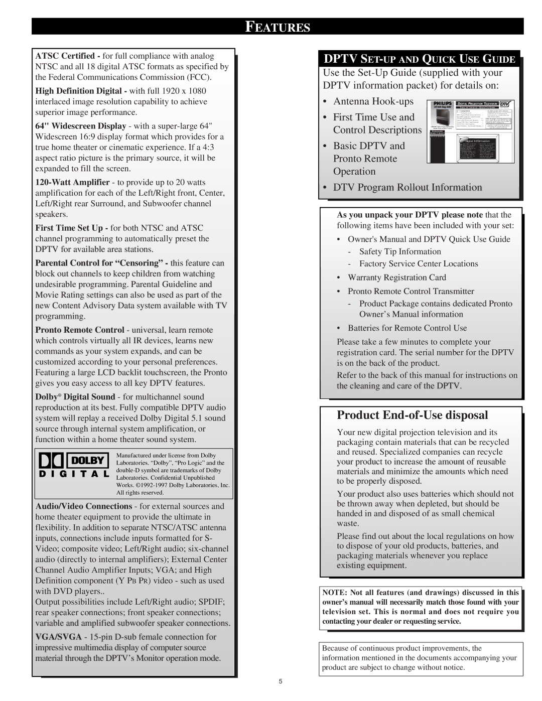 Philips 64PH9905 manual Features, As you unpack your Dptv please note that 