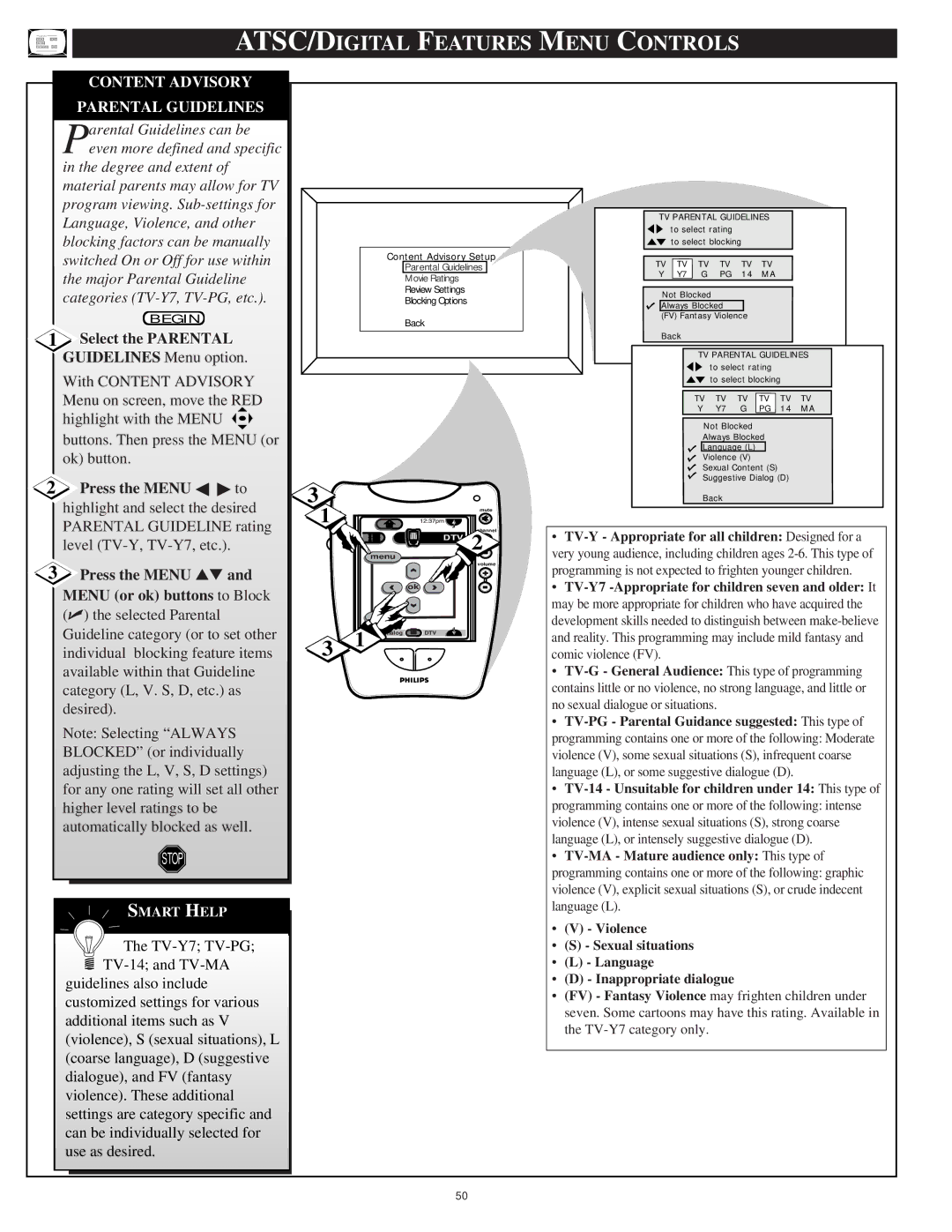 Philips 64PH9905 manual Major Parental Guideline Categories TV-Y7, TV-PG, etc, Press the Menu to, Parental Guideline rating 