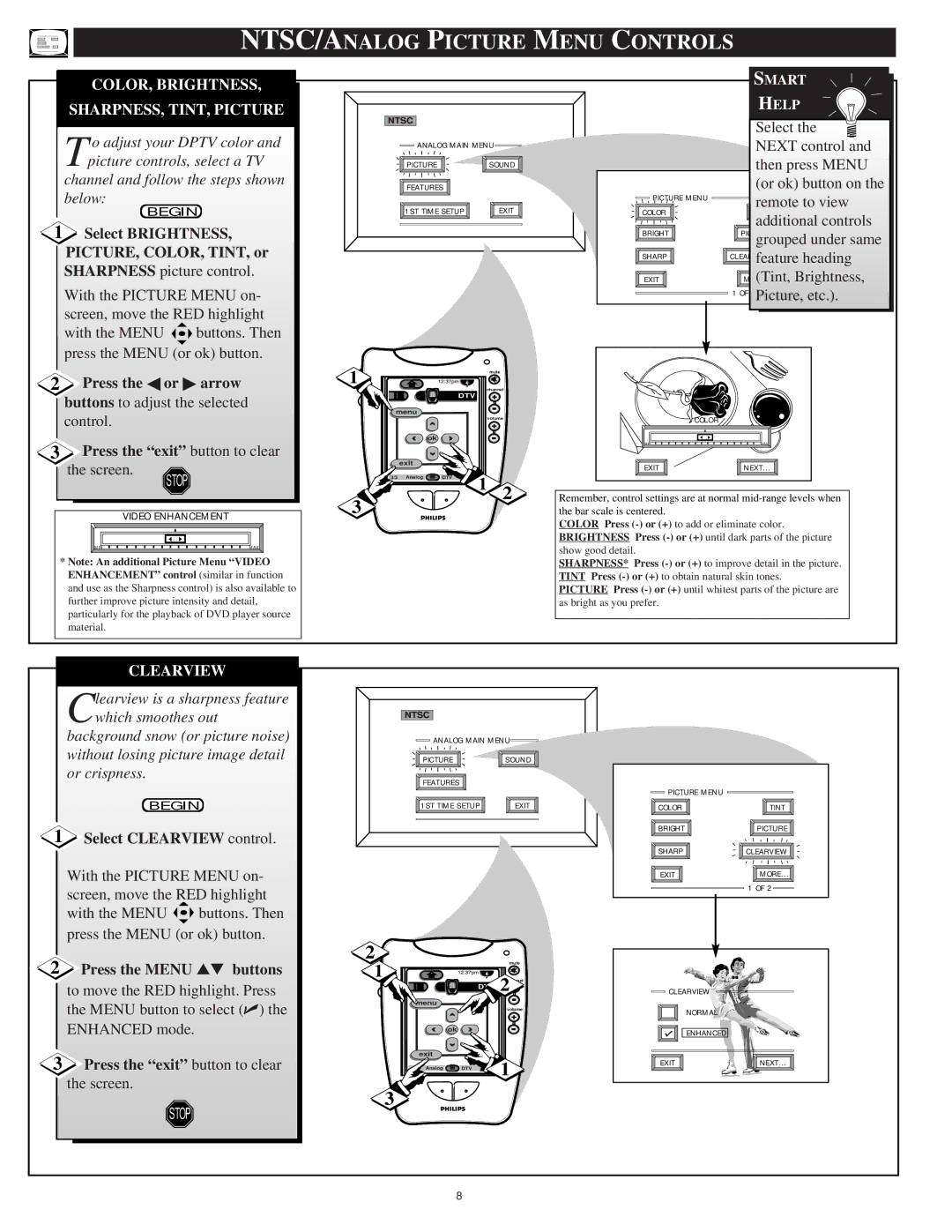 Philips 64PH9905 manual NTSC/ANALOG Picture Menu Controls, COLOR, Brightness SHARPNESS, TINT, Picture, Clearview 