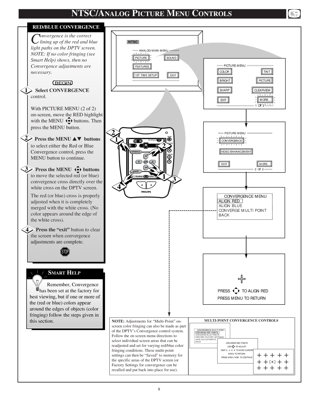 Philips 64PH9905 manual RED/BLUE Convergence, Select Convergence, Press the Menu buttons 