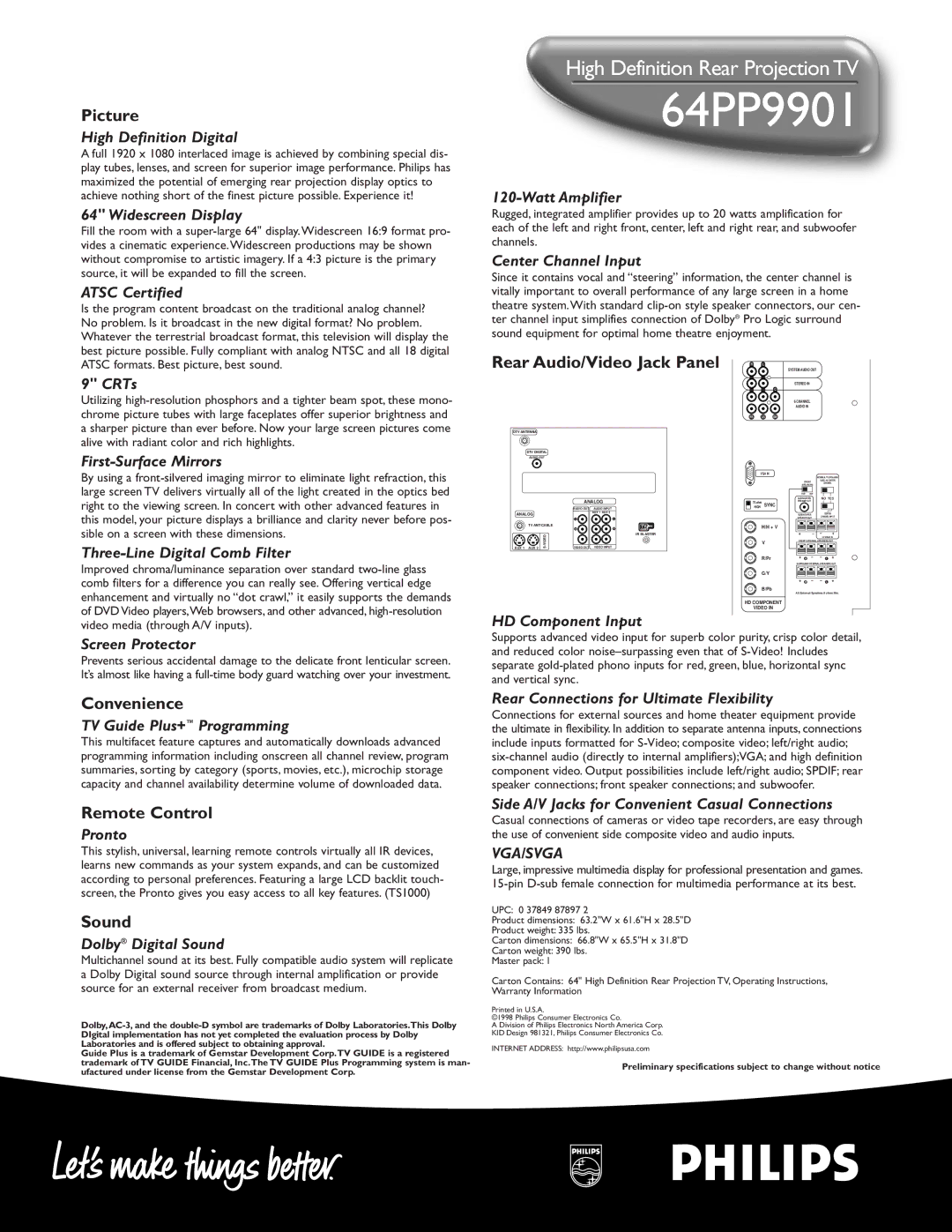 Philips 64PP 9901 manual Picture, Convenience, Remote Control, Sound 