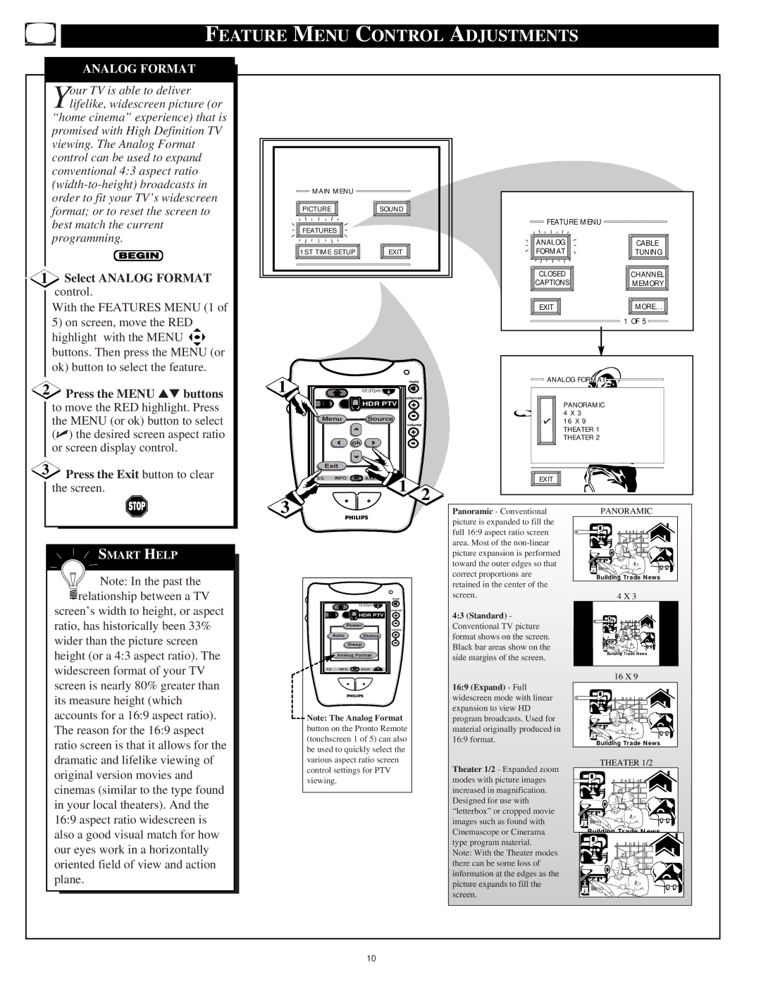 Philips 64PP9751 manual Feature Menu Control Adjustments, Select Analog Format control 