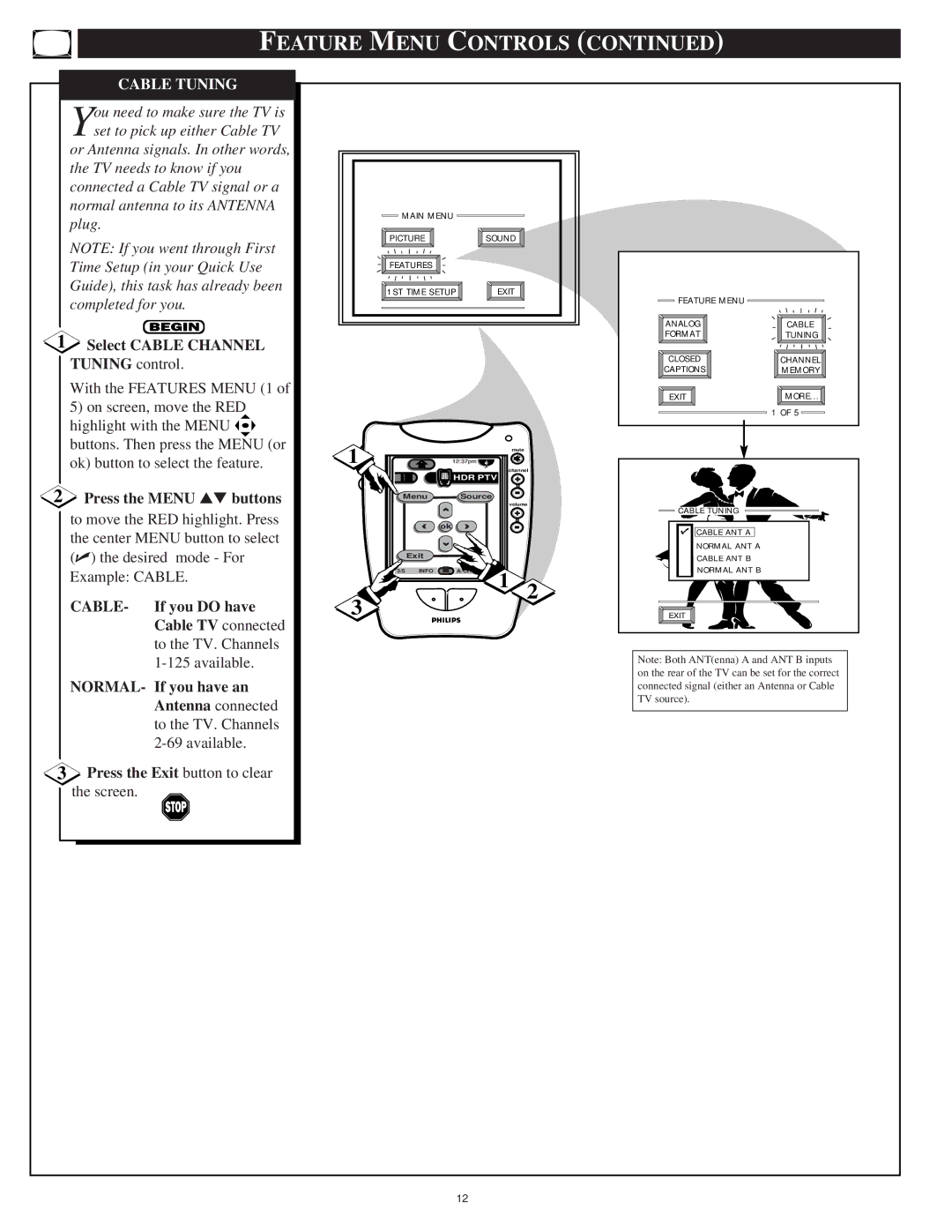 Philips 64PP9751 Cable Tuning, Select Cable Channel Tuning control, Cable TV connected to the TV. Channels 1-125 available 