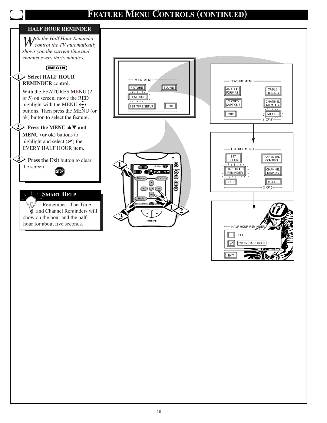 Philips 64PP9751 manual Half Hour Reminder, Select Half Hour, Reminder control, Highlight and select Every Half Hour item 