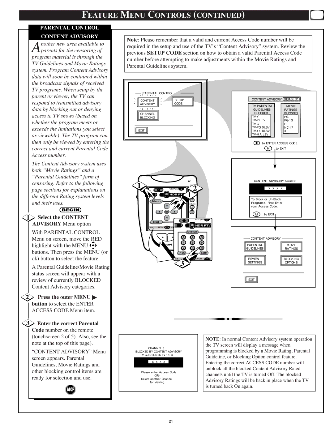 Philips 64PP9751 manual Content Advisory, Select the Content, Press the outer Menu, Enter the correct Parental 