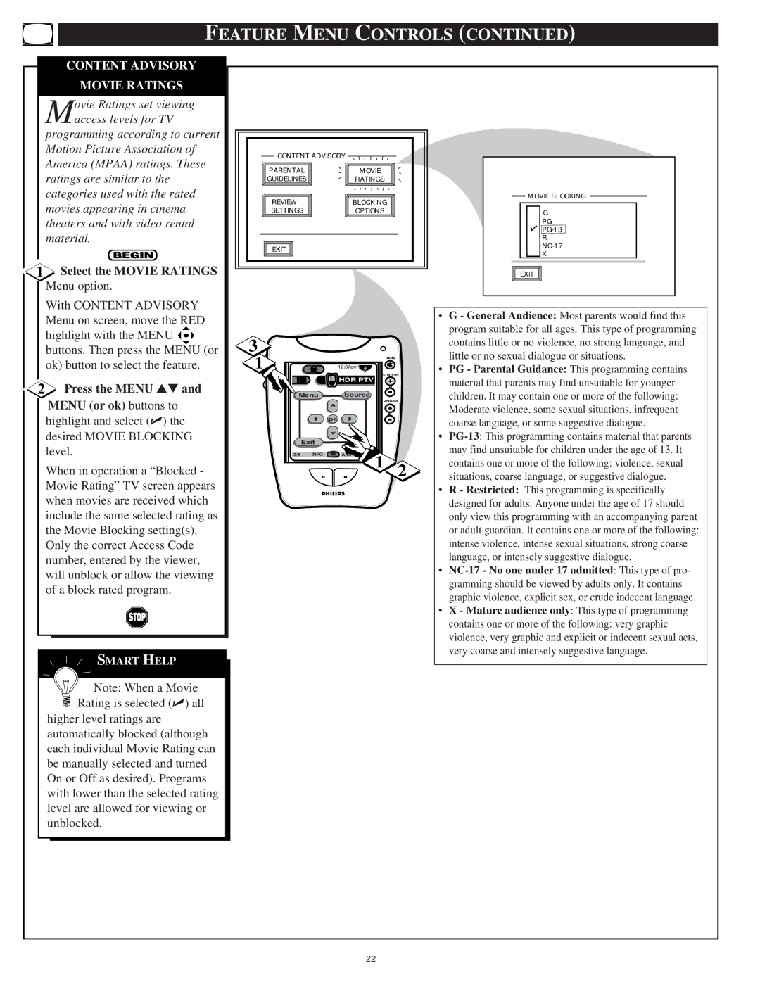 Philips 64PP9751 manual Content Advisory Movie Ratings, Select the Movie Ratings Menu option 