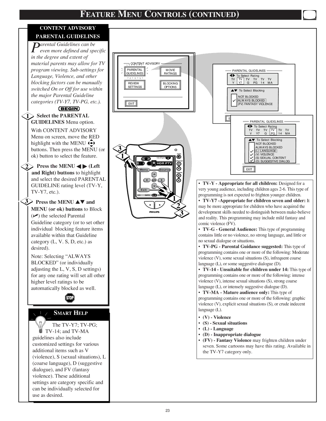 Philips 64PP9751 manual Content Advisory Parental Guidelines, Select the Parental Guidelines Menu option 