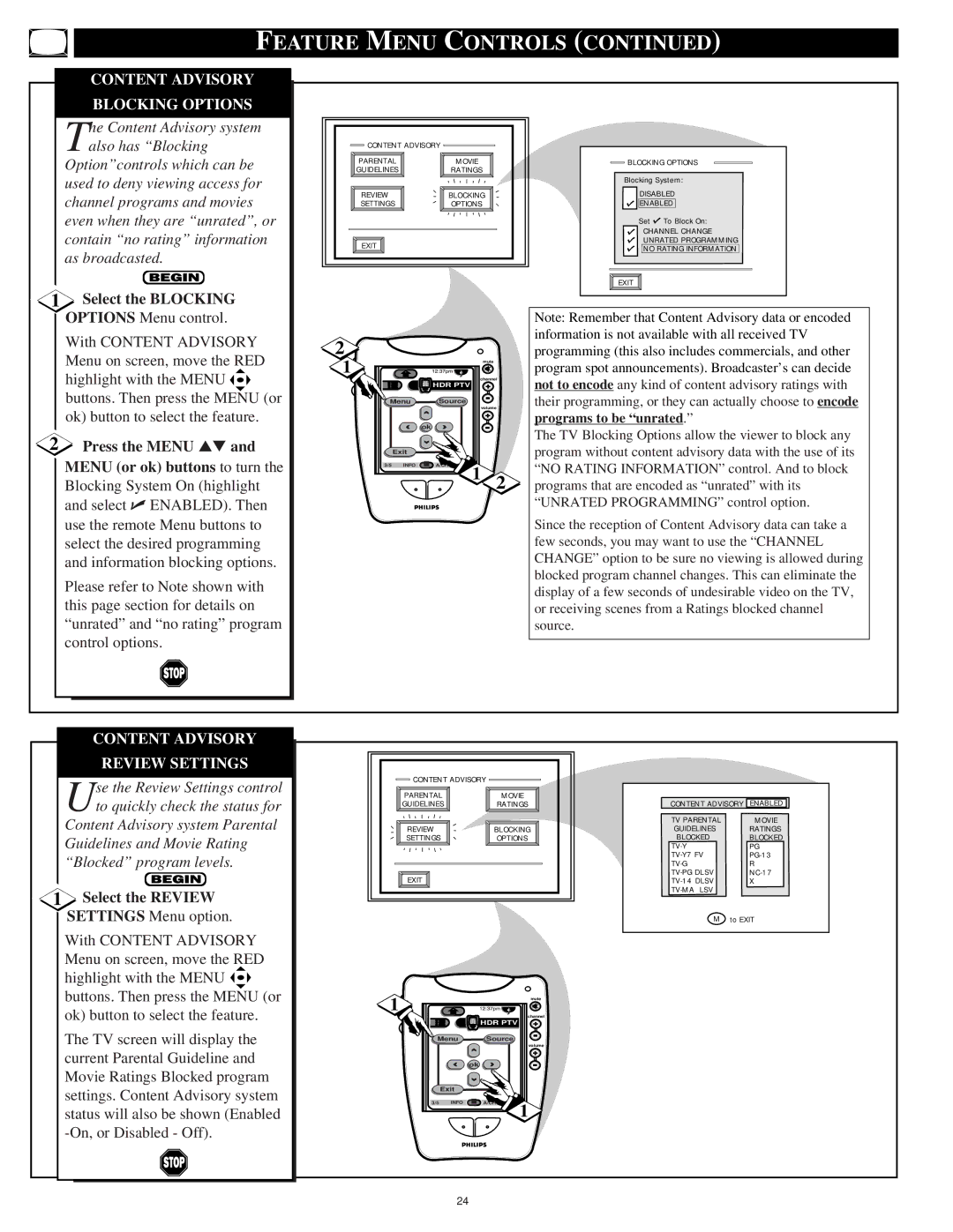 Philips 64PP9751 manual Content Advisory Blocking Options, Select the Blocking Options Menu control, Review Settings 