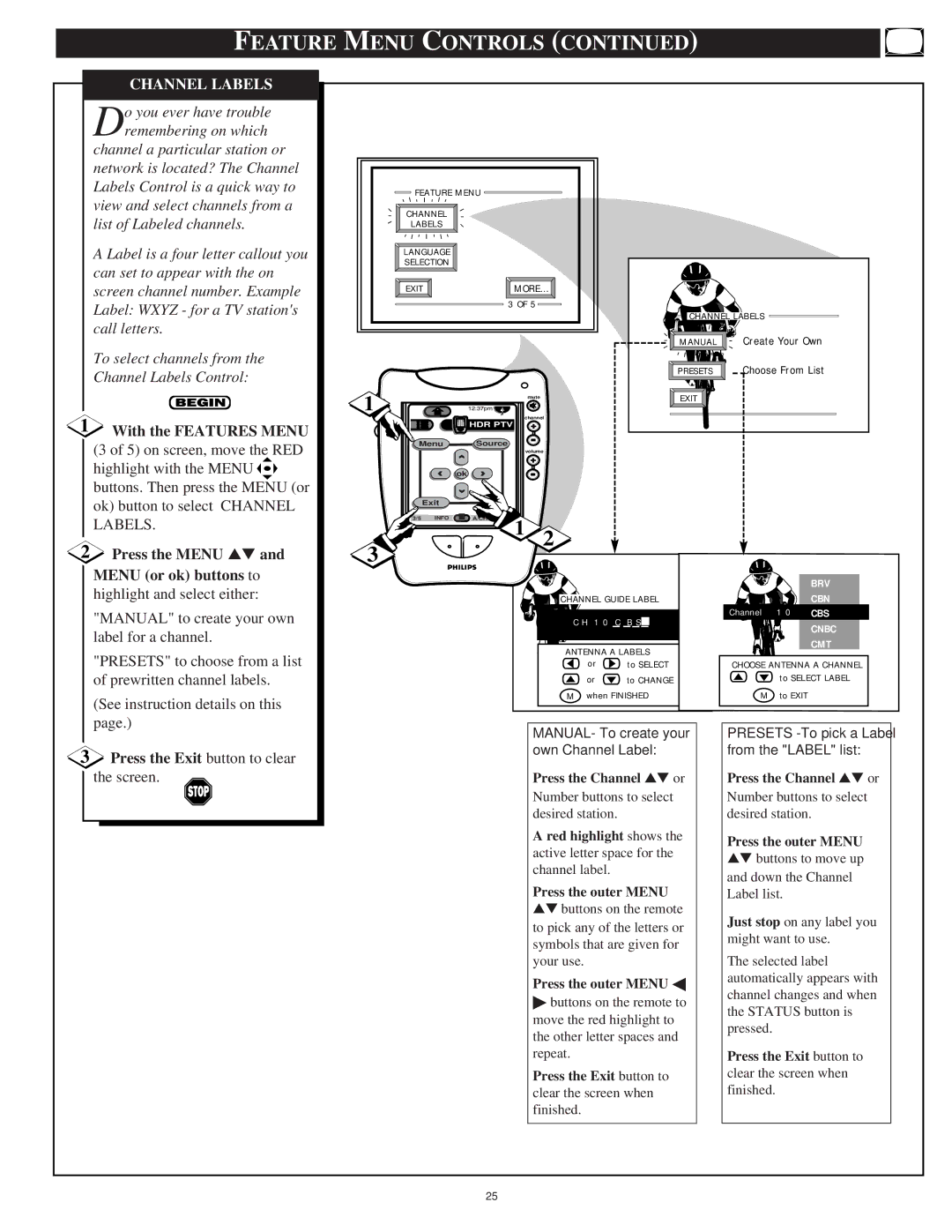 Philips 64PP9751 manual Channel Labels, With the Features Menu, Menu or ok buttons to 