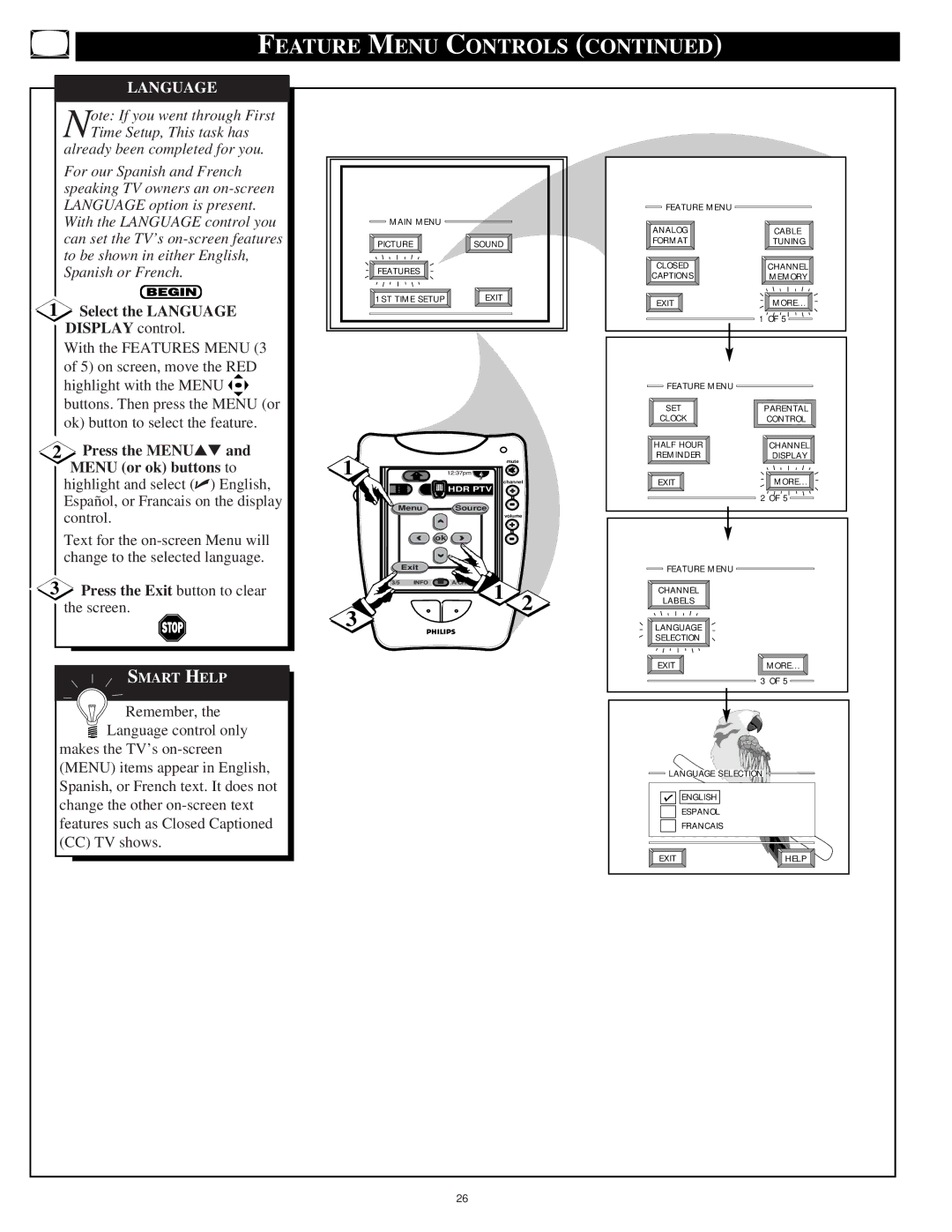 Philips 64PP9751 manual Select the Language, Display control 