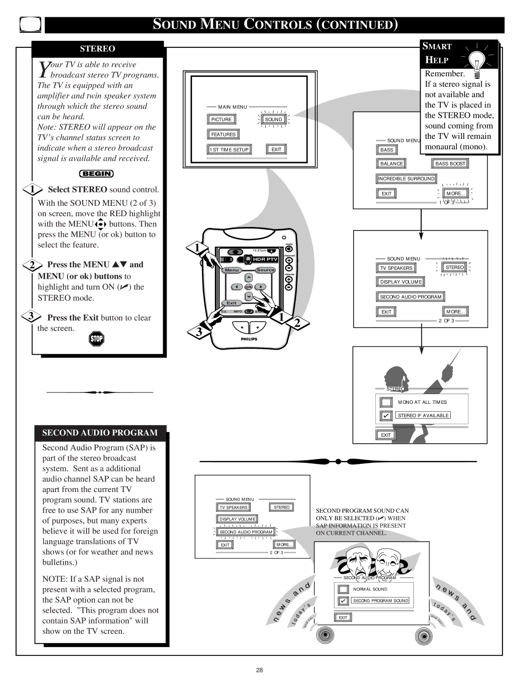 Philips 64PP9751 manual Sound Menu Controls, Select Stereo sound control, Second Audio Program 