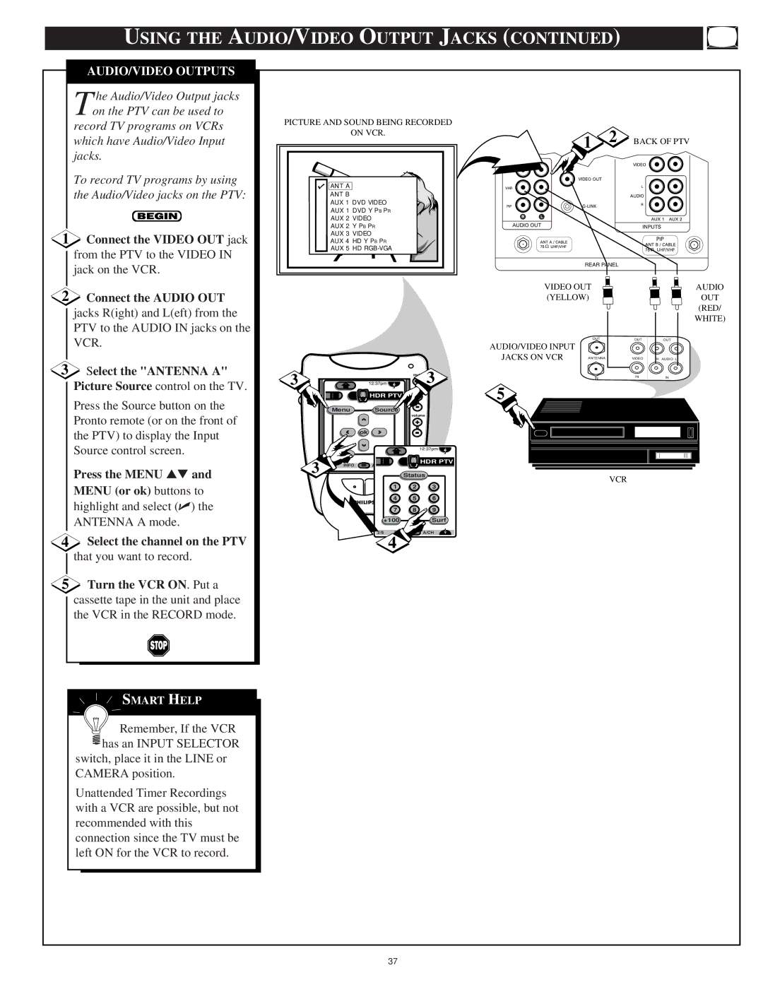 Philips 64PP9751 manual Using the AUDIO/VIDEO Output Jacks, AUDIO/VIDEO Outputs, Connect the Video OUT jack 