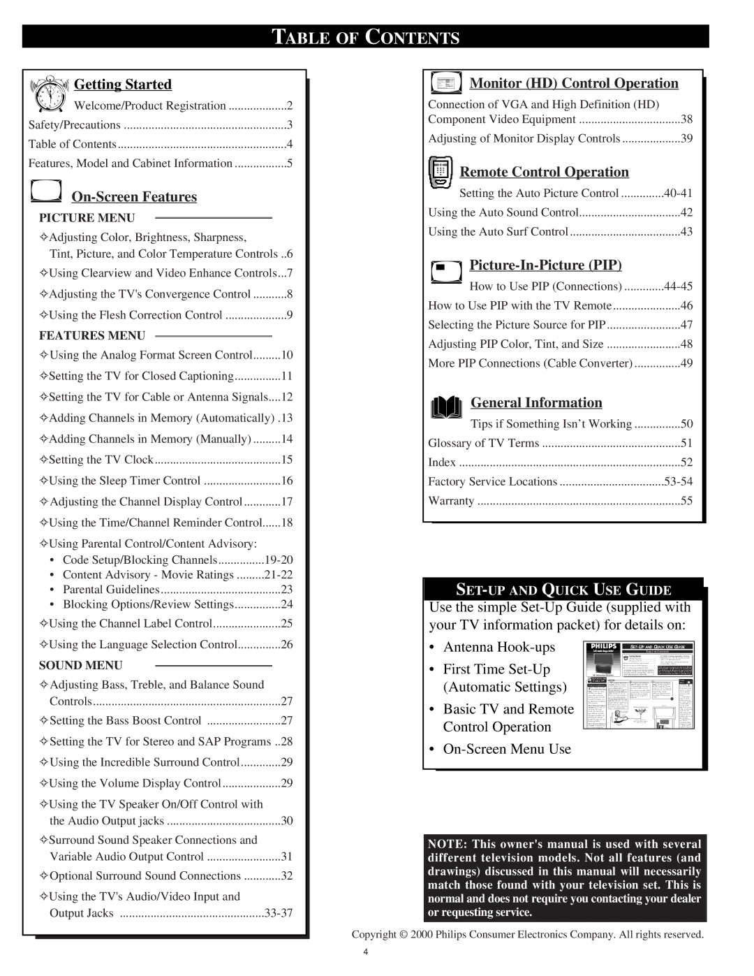 Philips 64PP9751 manual Table of Contents 